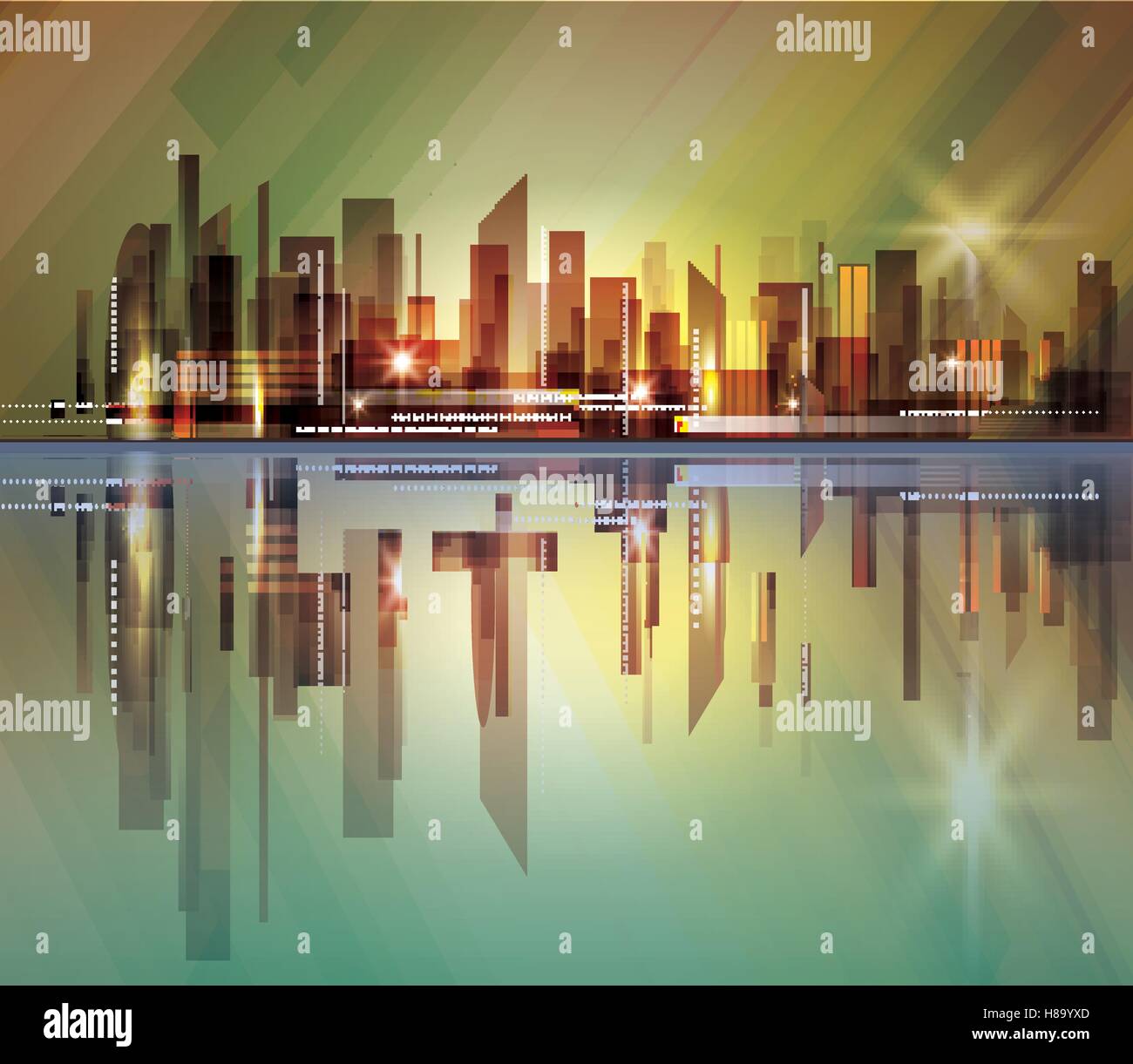 Harbor and city at night with reflection in water Stock Vector Image ...