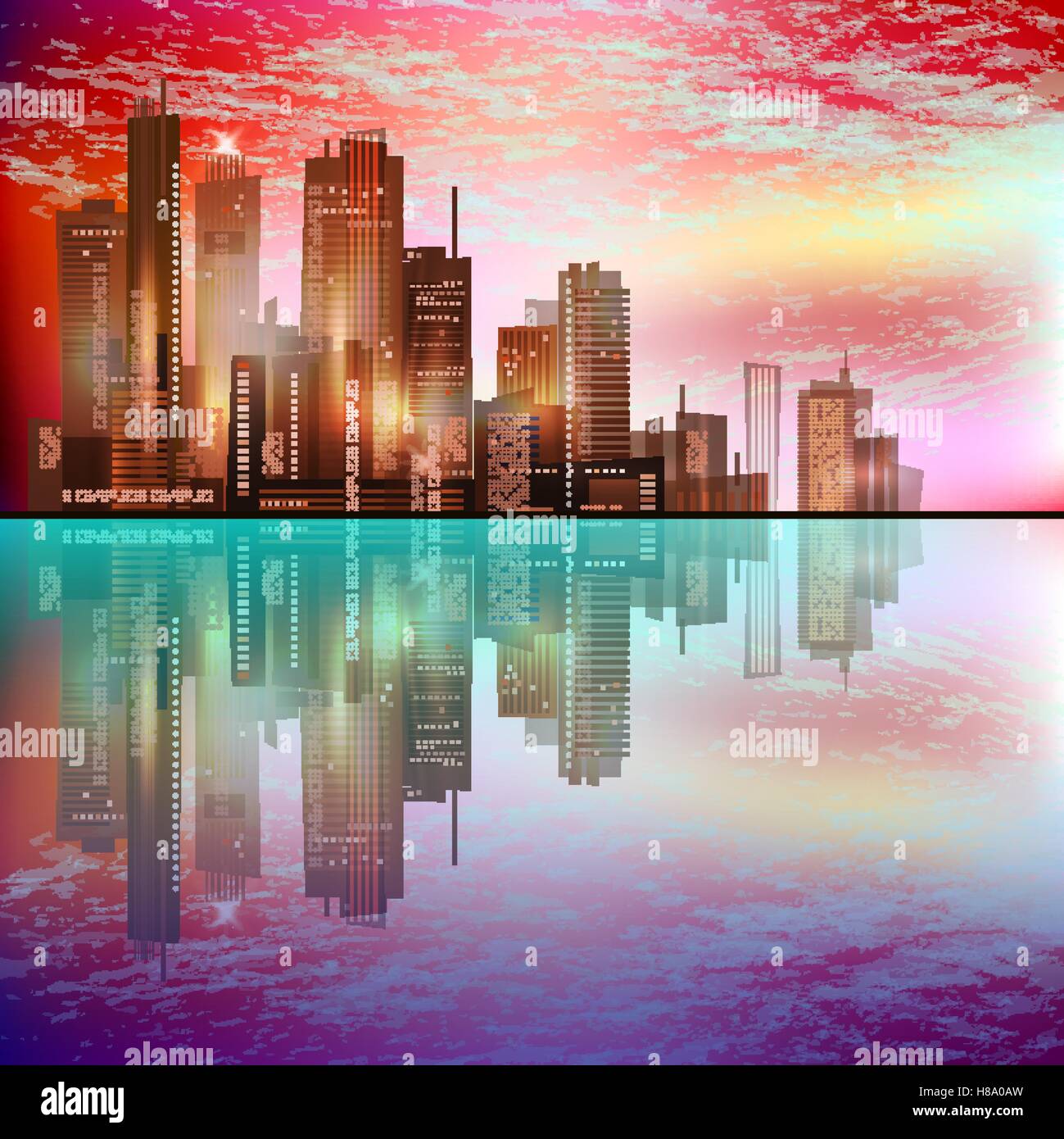 Harbor and city at night with reflection in water Stock Vector Image ...