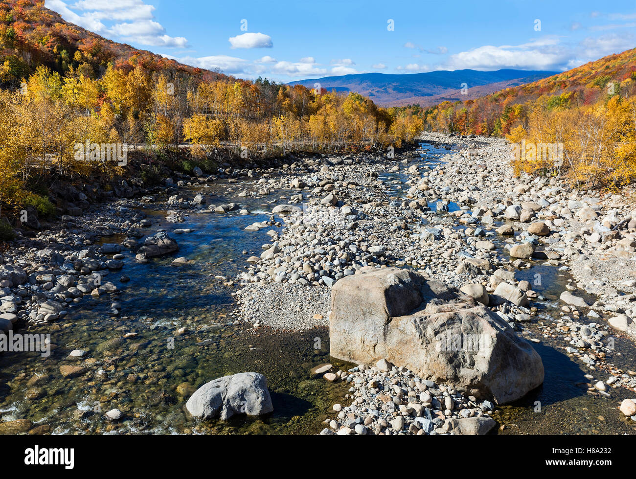 Autumn foliage and the Pemigewasset River,  Lincoln, New Hampshire, USA. Stock Photo