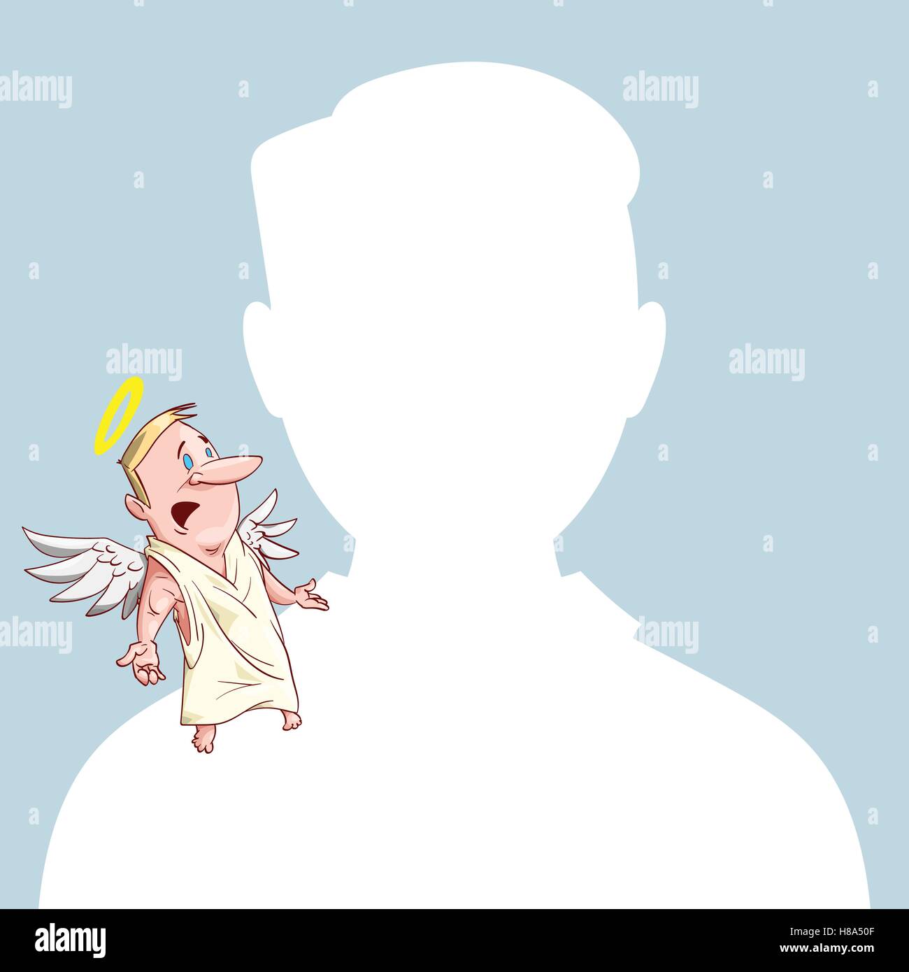 Blank male avatar or profile picture with angel conscience character on his shoulder advising him. Stock Vector