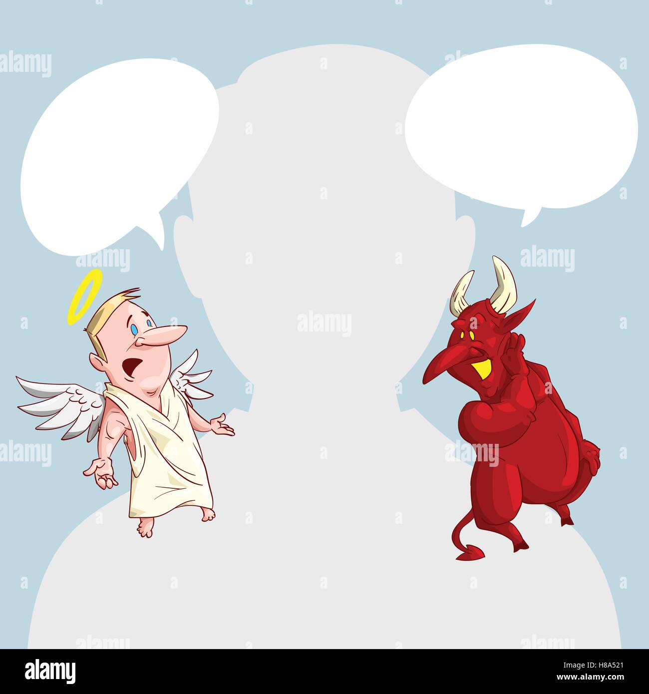 Blank male avatar or profile picture with angel and devil conscience characters on his shoulder advising him. Stock Vector