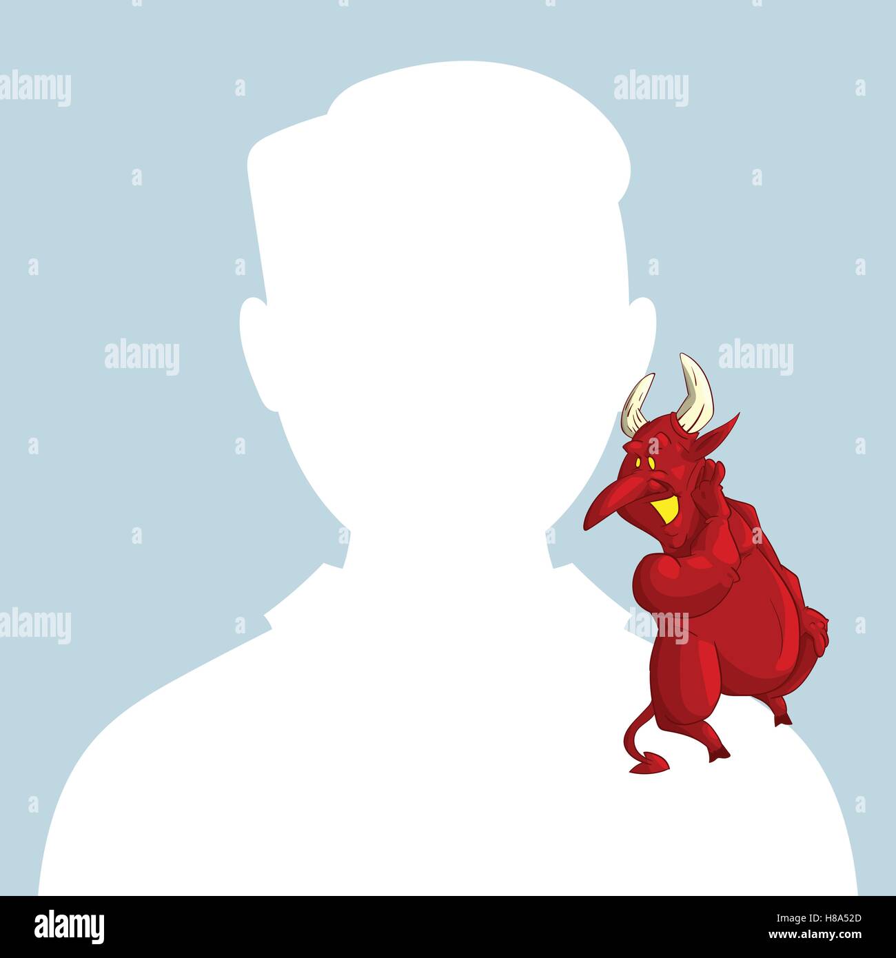 Blank male avatar or profile picture with devil conscience character on his shoulder advising him. Stock Vector