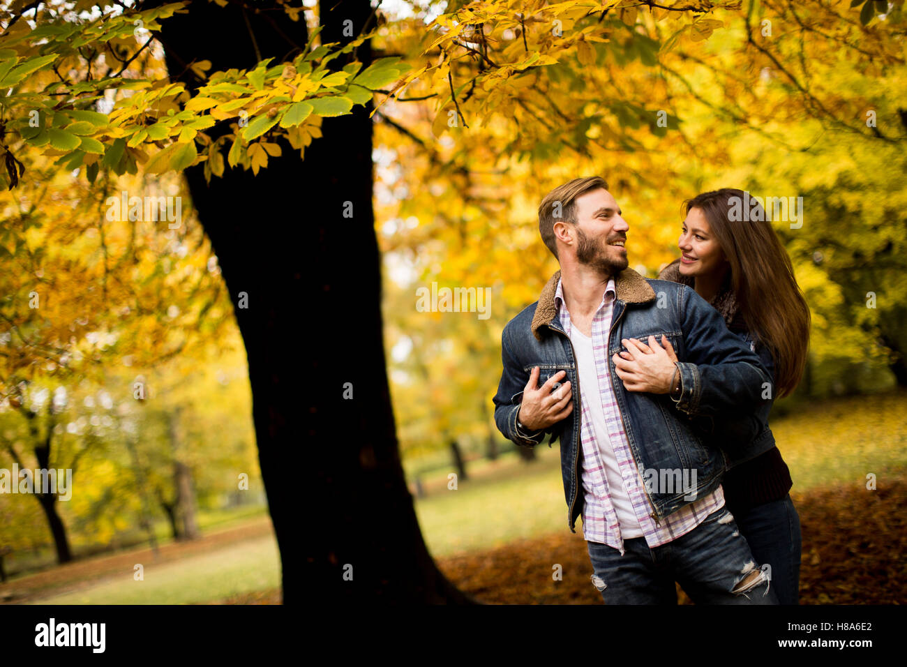 Loving couple in the autumn park Stock Photo - Alamy