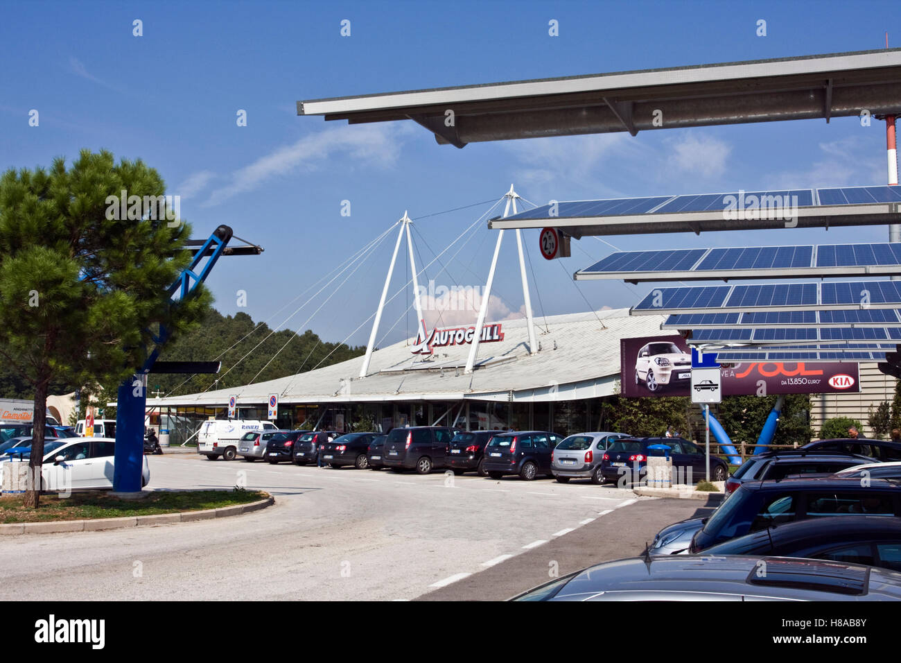 Solar parking covering at the autogrill "La Macchia", near Rome, Lazio