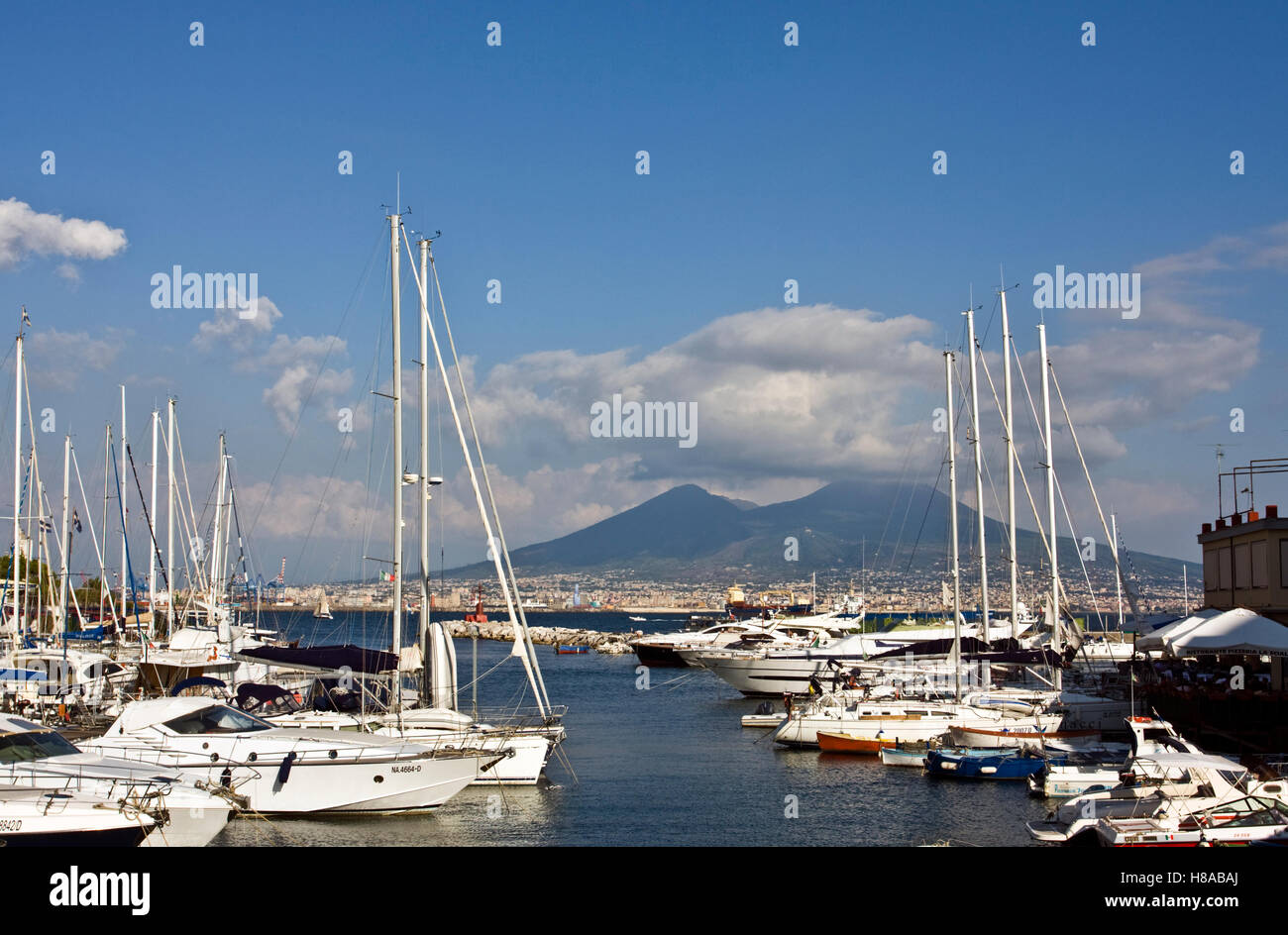 Volcano Vesuvio from small port of Borgo Marinaro, Naples, Campania, Italy, Europe Stock Photo