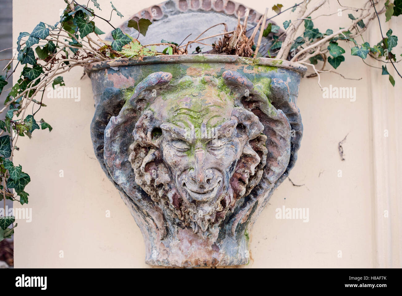 Satyr Woodland god face sculpture flower plant edera vessel Stock Photo