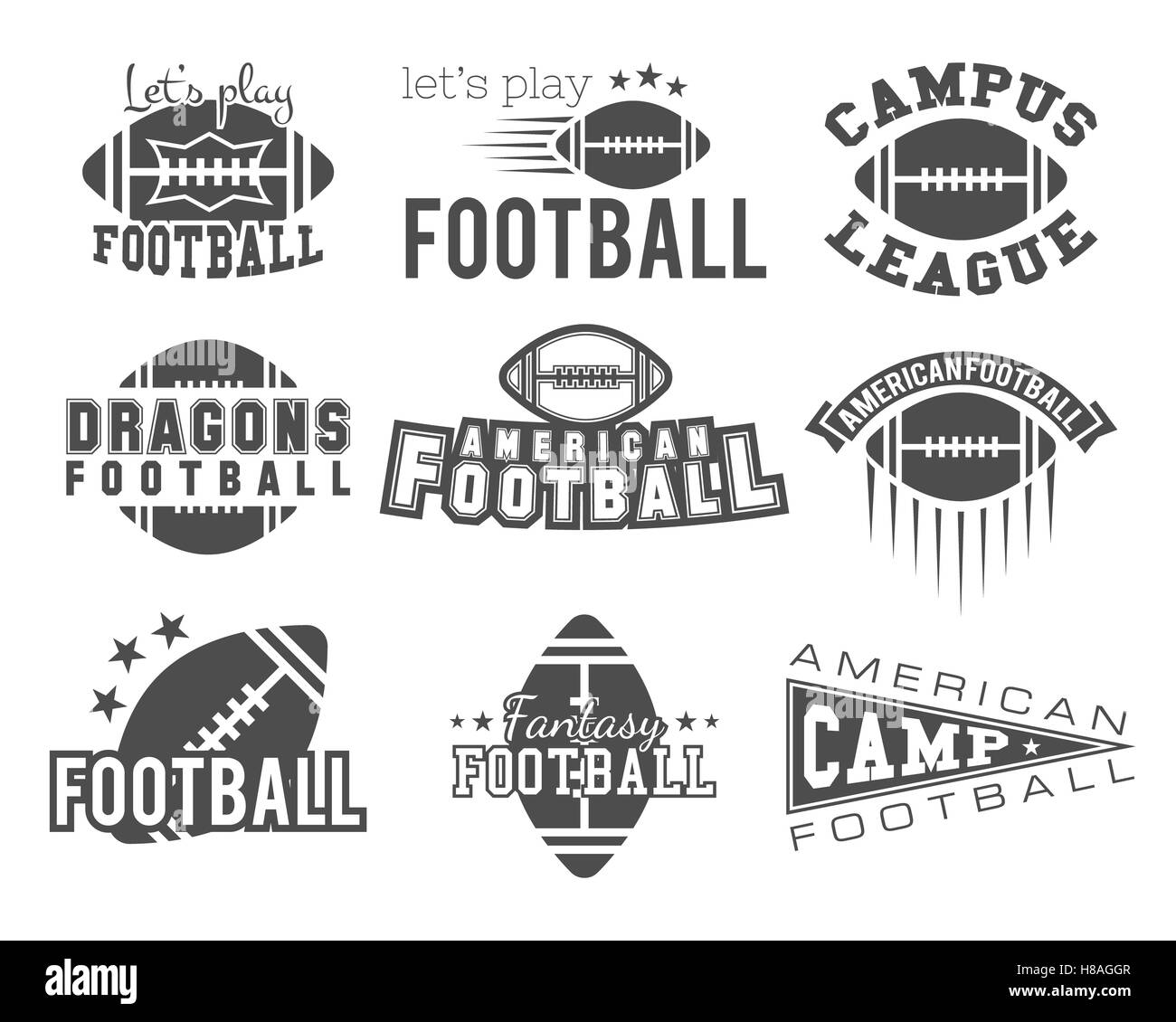 College rugby and american football team badges, logos, labels, insignias in retro style. Graphic vintage design for t-shirt, web. Monochrome print isolated on a white background. Stock Photo