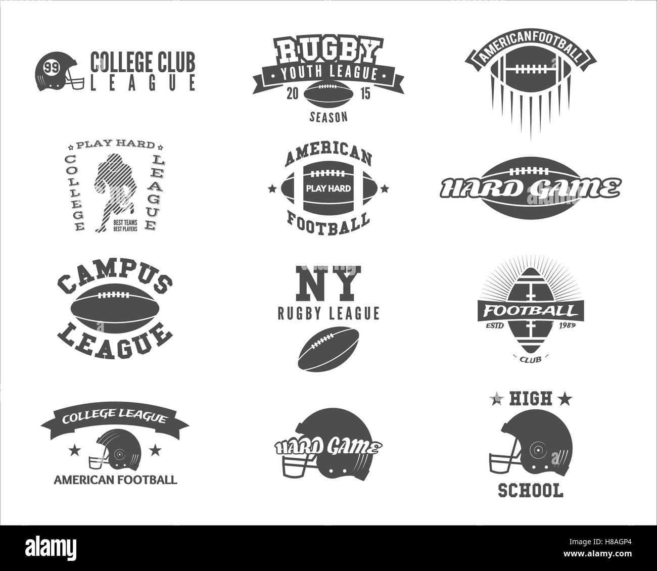 College rugby and american football team badges, logos, labels, insignias in retro style. Graphic vintage design for league tournaments, t-shirt, websites. Sports print on a white background. Stock Photo