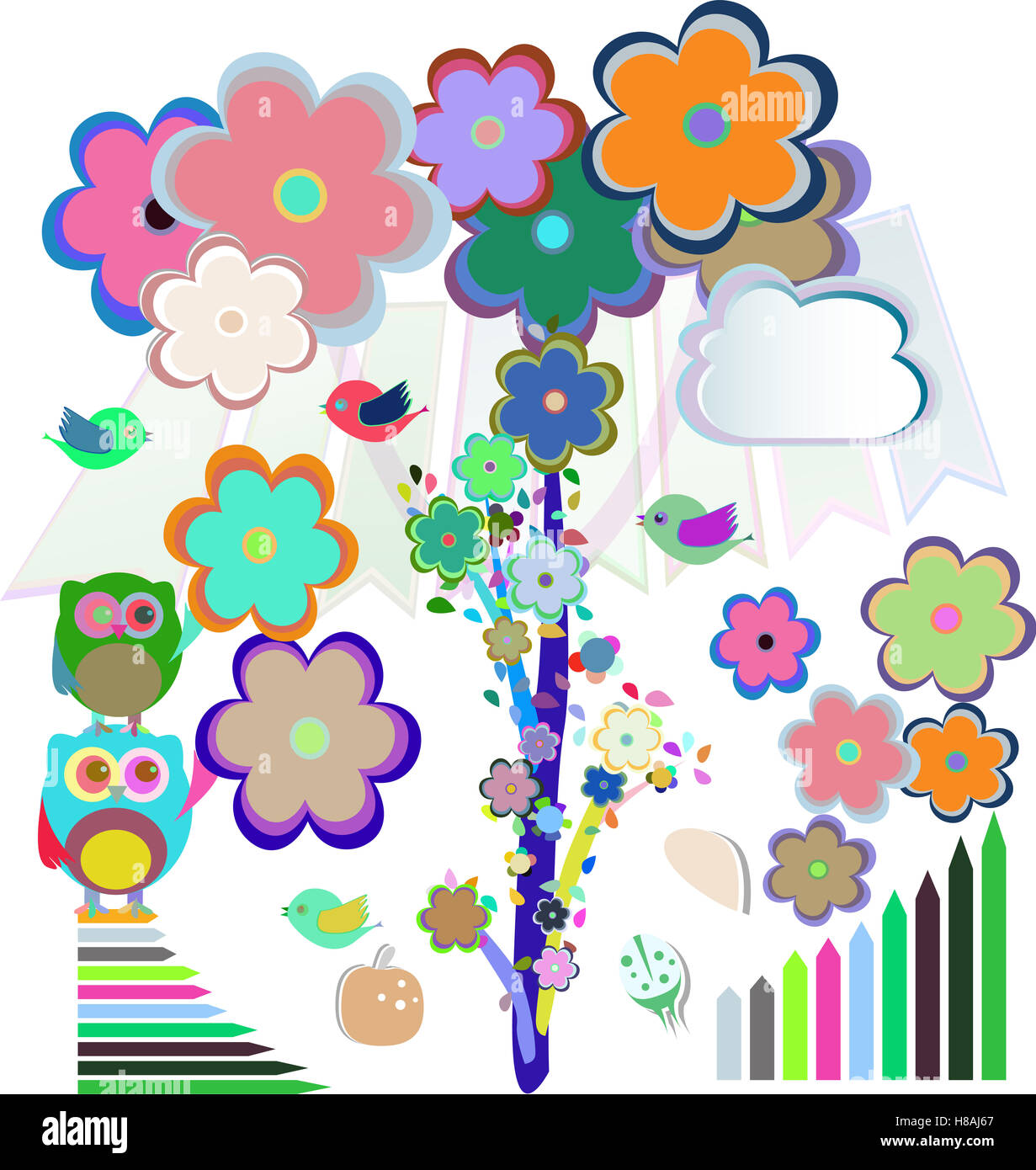 birthday party card with cute birds and owl on trees and flowers Stock ...