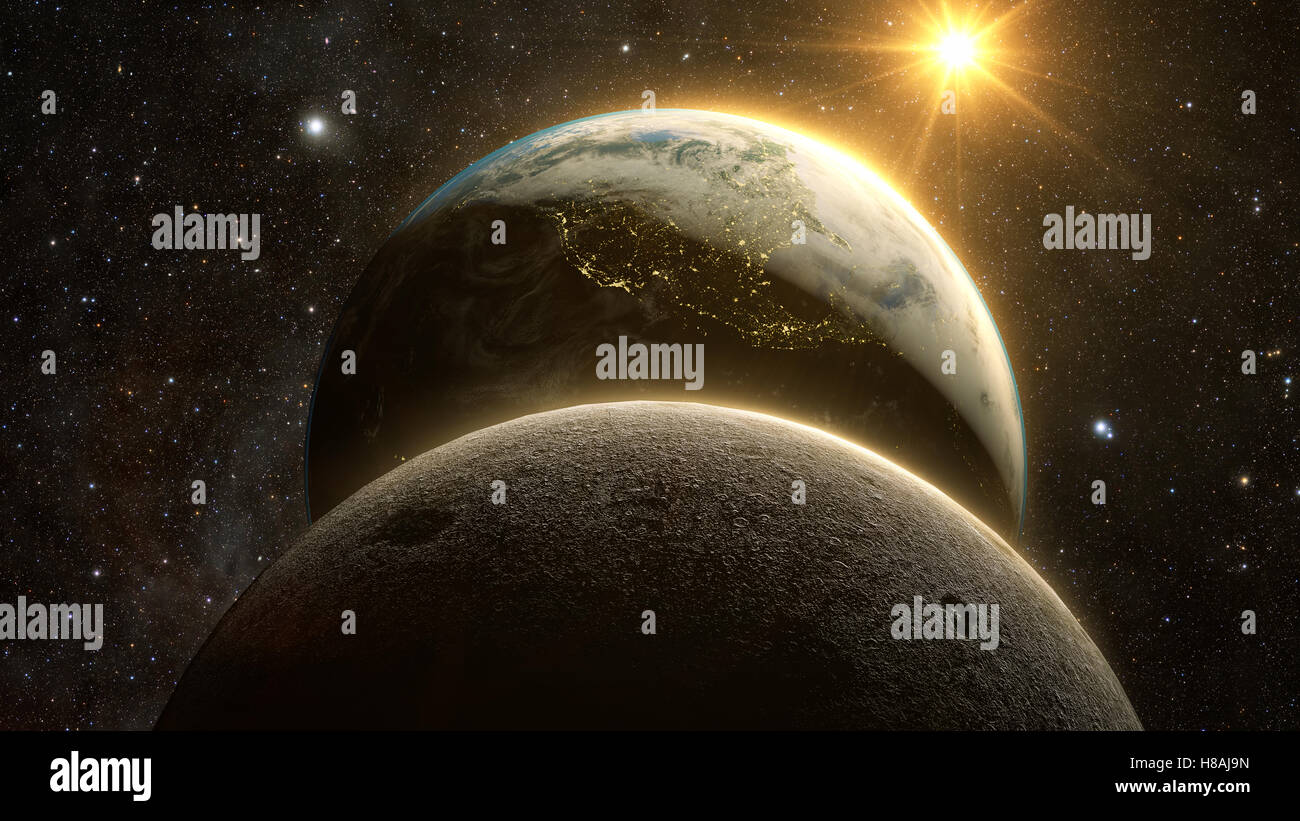 A computer graphic rendering of the Moon and earth Stock Photo - Alamy