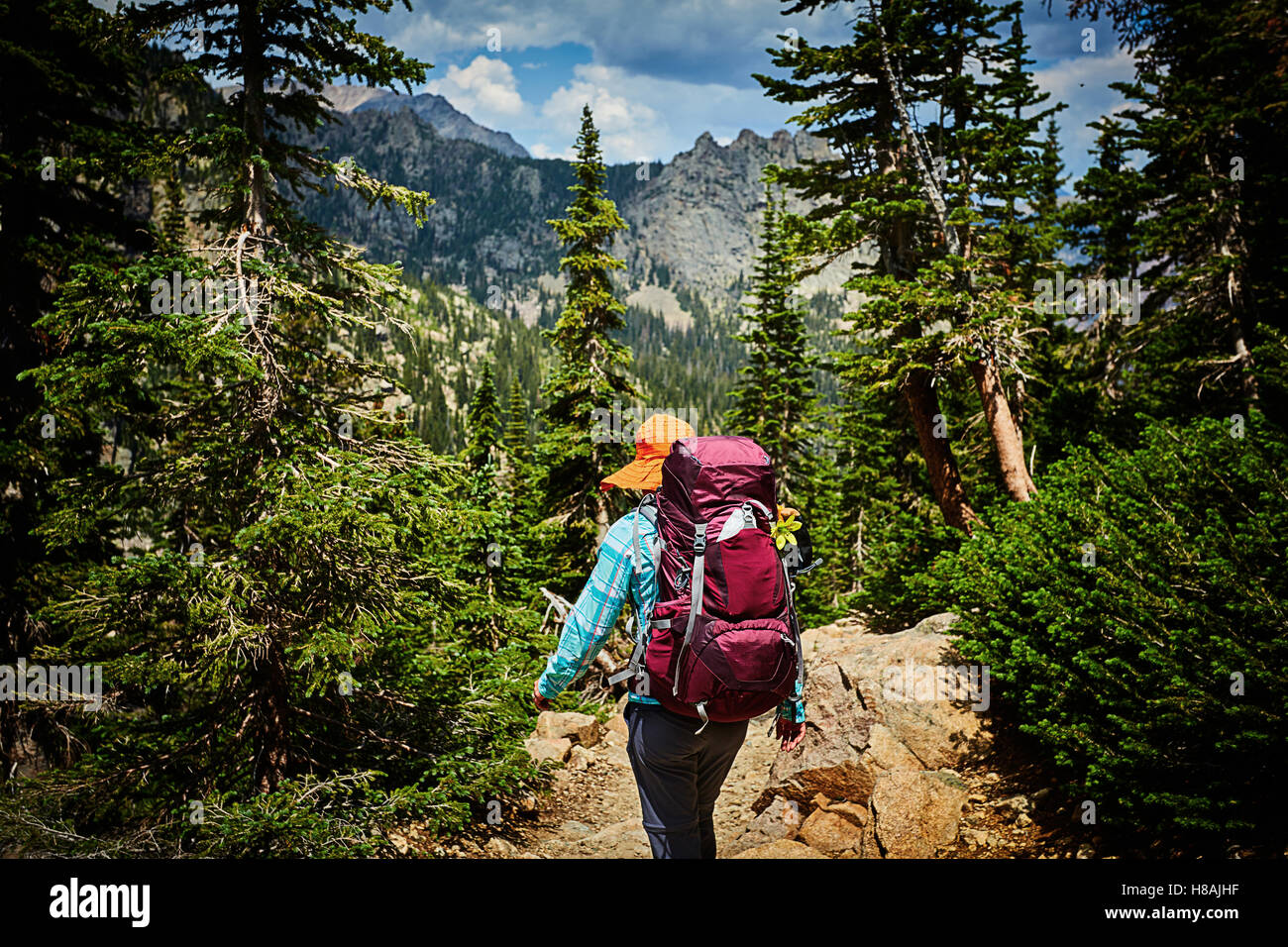 Backpacking through the back country in Rocky Mountain National Park Stock Photo