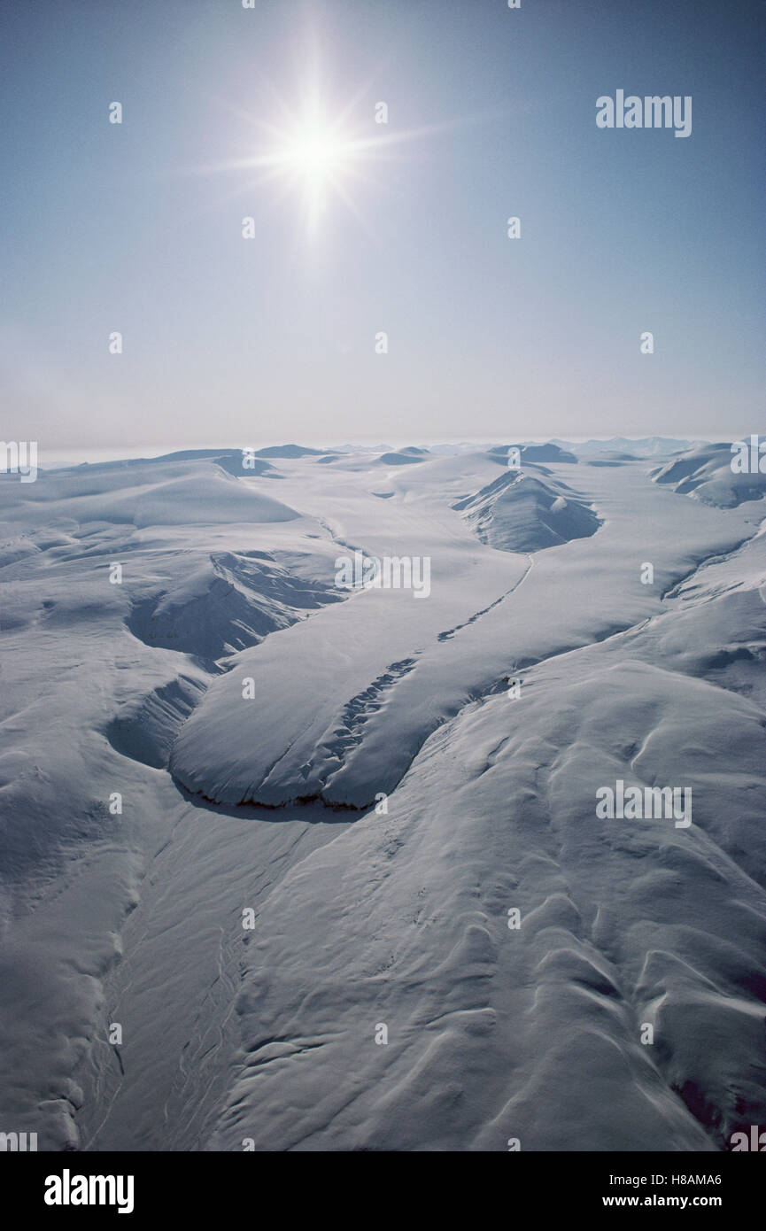 Aerial view of glacier and snow covered mountains, Ellesmere Island