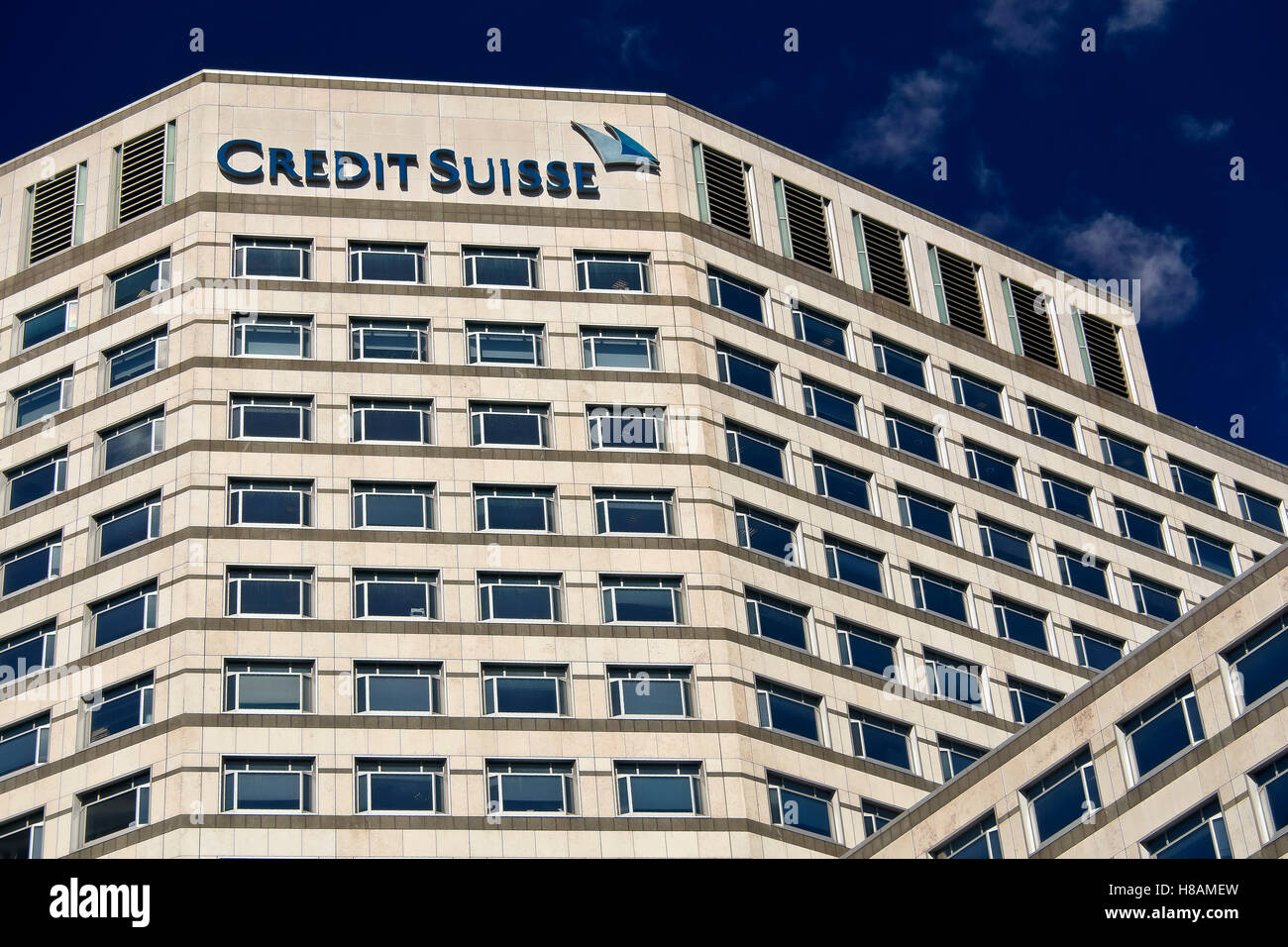Credit Suisse Bank in Canary Wharf, financial district centre. CBD central business district. Isle of dogs, Docklands. London, England, UK, Europe Stock Photo