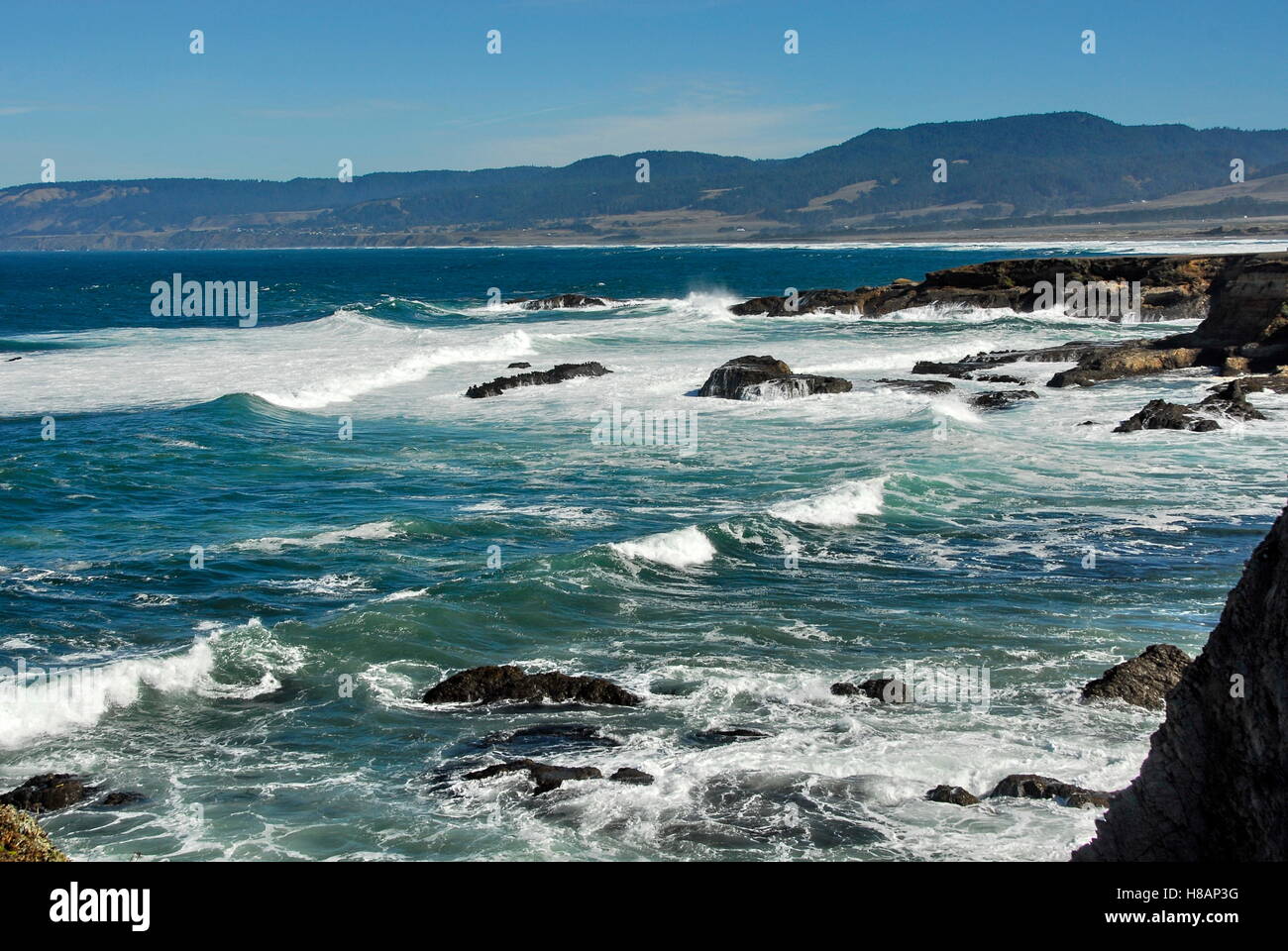 Surf near Point Arena Lighthouse on the Mendocino Coast, California Stock Photo