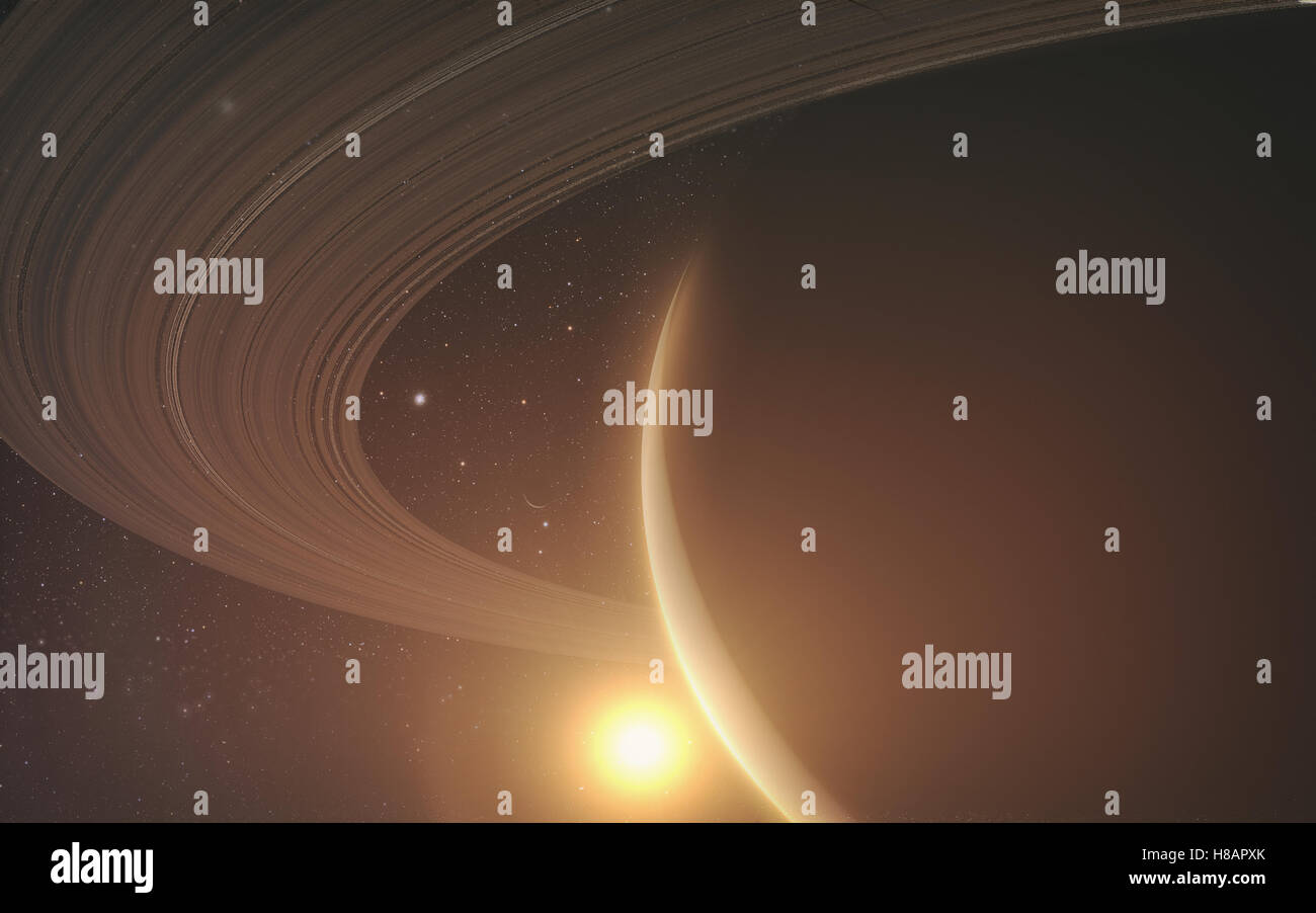planet Saturn with rings at sunrise on the space background. 3D render. Stock Photo