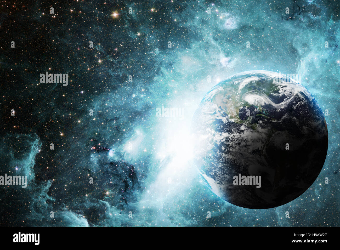 Space background with green light around the planet Stock Photo - Alamy