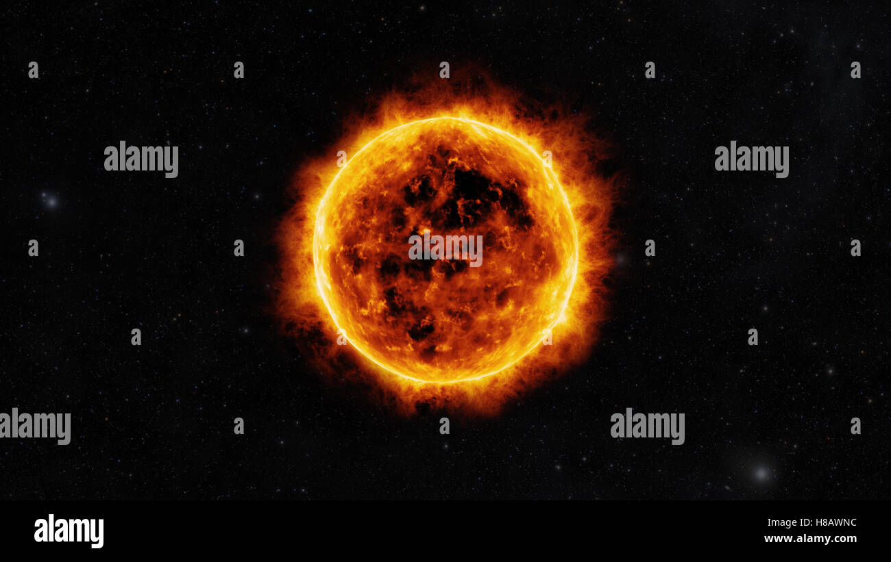 Sun surface with solar flares. 3D animation Stock Photo