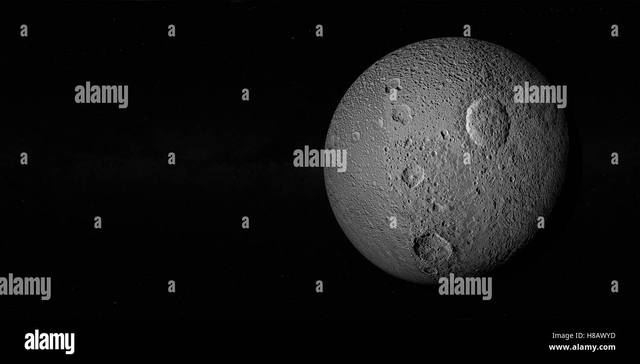 Tethys or Saturn III, mid-sized moon of Saturn on space bacground mid-sized moon of Saturn.3d rendering. Stock Photo