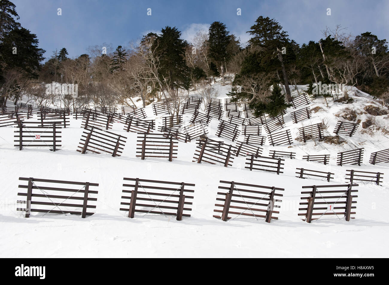 Fences preventing avalanches in winter, Hokkaido, Japan Stock Photo Alamy