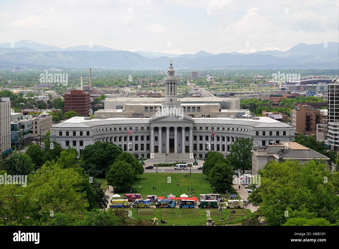 Denver City Hall Clock Tower with Mountains in the Background Stock