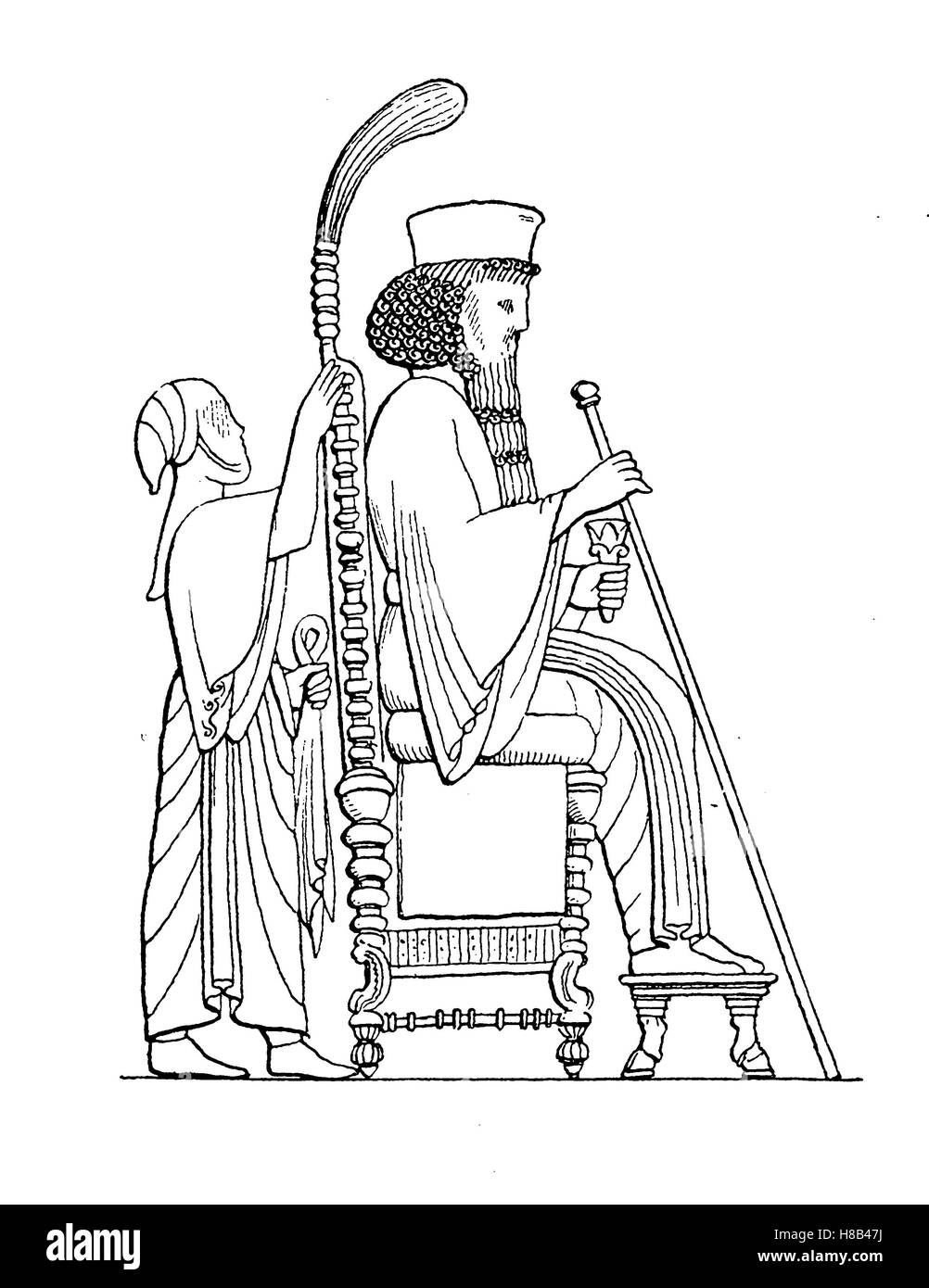Persian king on his throne, with his wedge-holder, Persepolis, History of fashion, costume story Stock Photo
