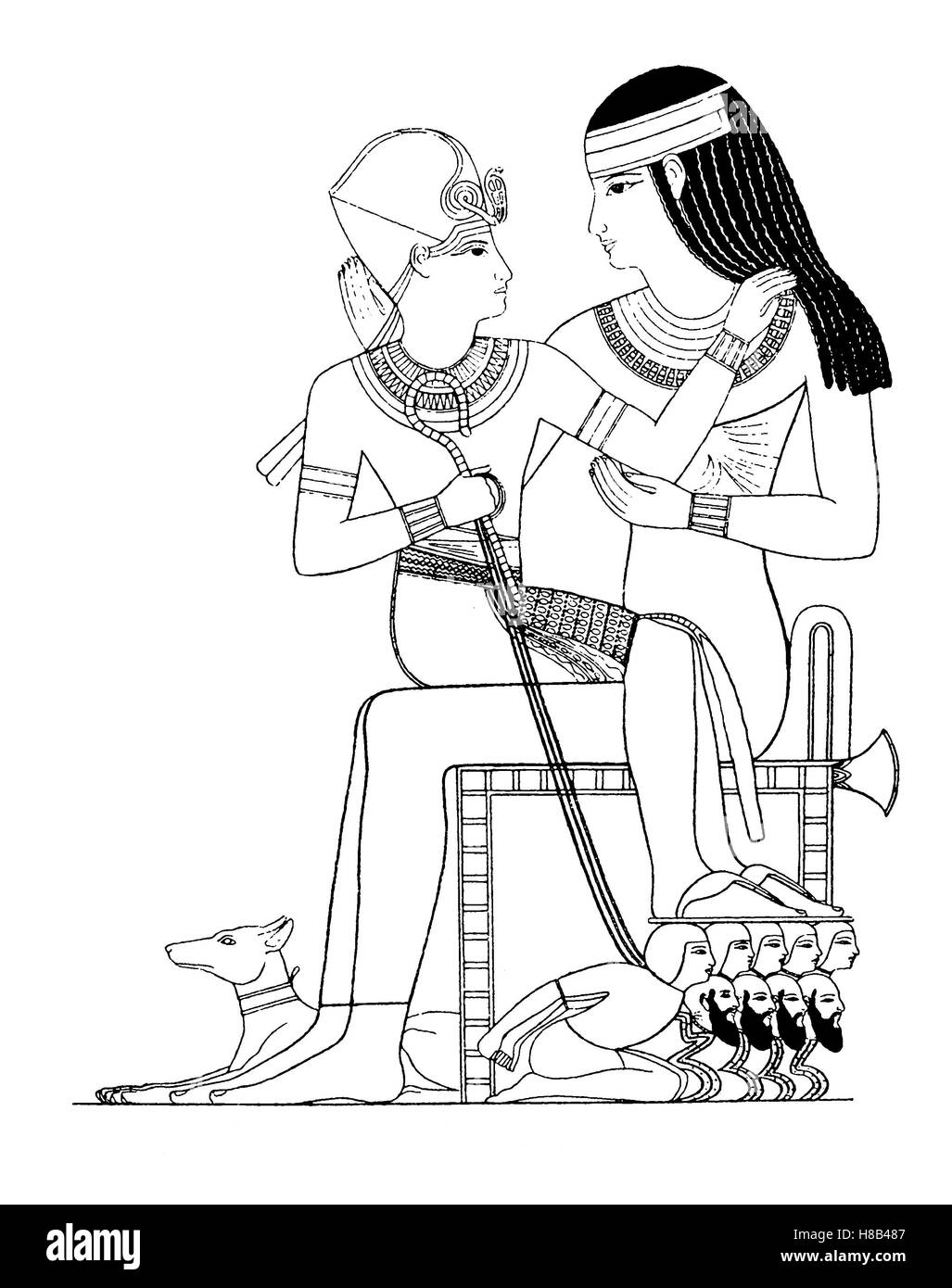Amenophis II, Amenhotep, was the seventh ancient Egyptian queen, Pharaoh, the 18th dynasty, here with as a child with his educator, History of fashion, costume story Stock Photo