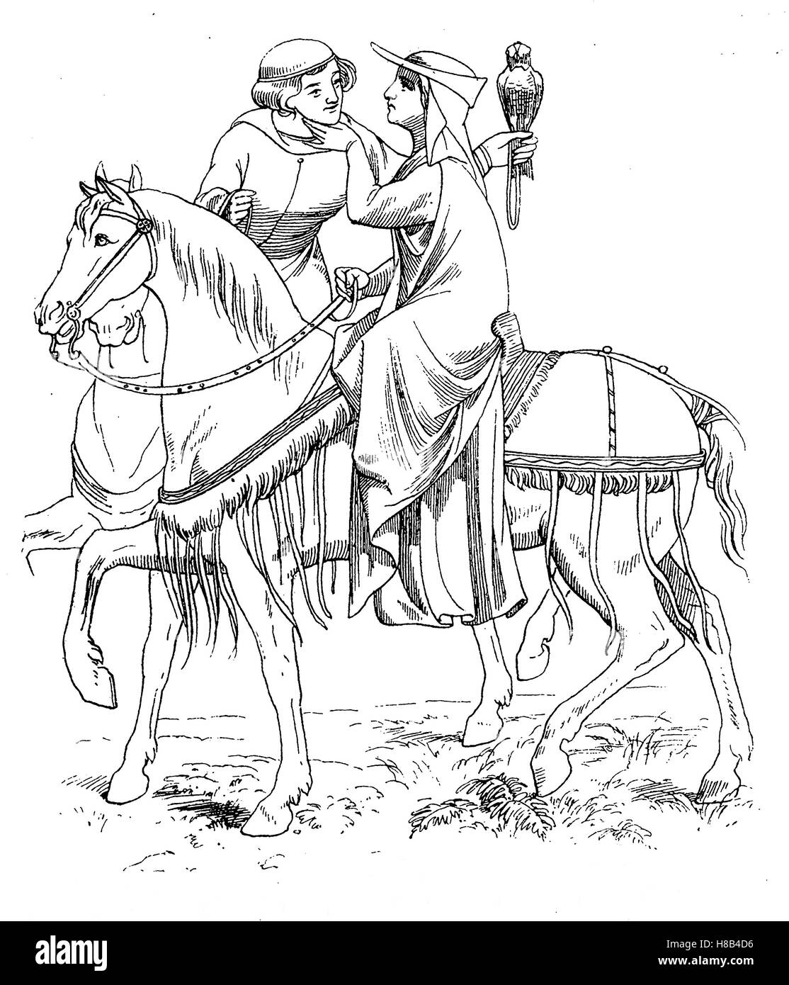 Huntsman and mistress, beginning 14. century, History of fashion, costume story Stock Photo