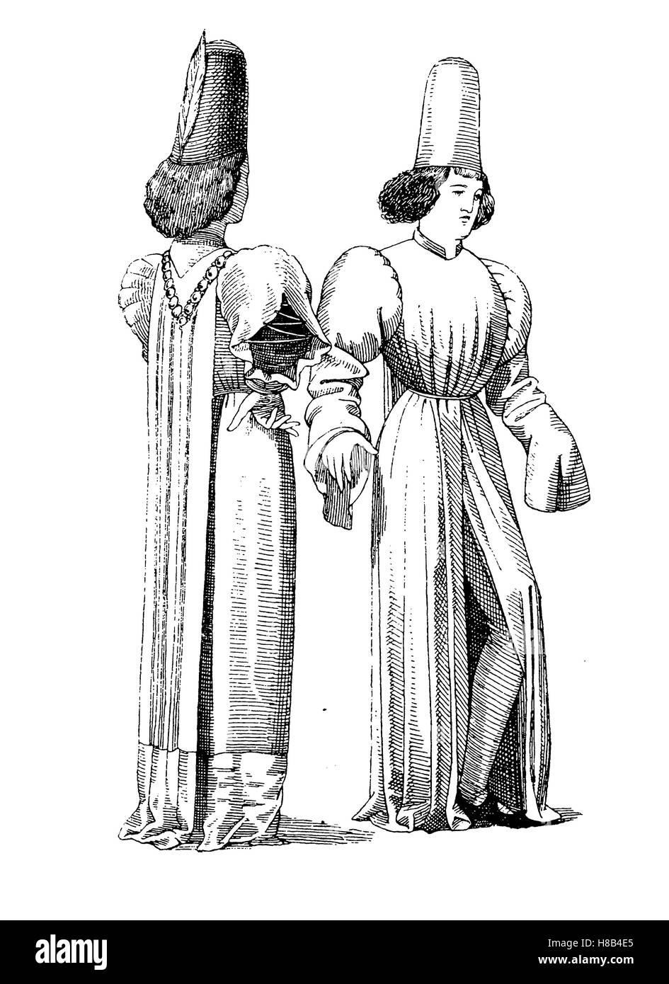 Burgundy nobles at the court of Charles the Bold, ca 1475, costume with broad shoulders and long outerwear, History of fashion, costume story Stock Photo