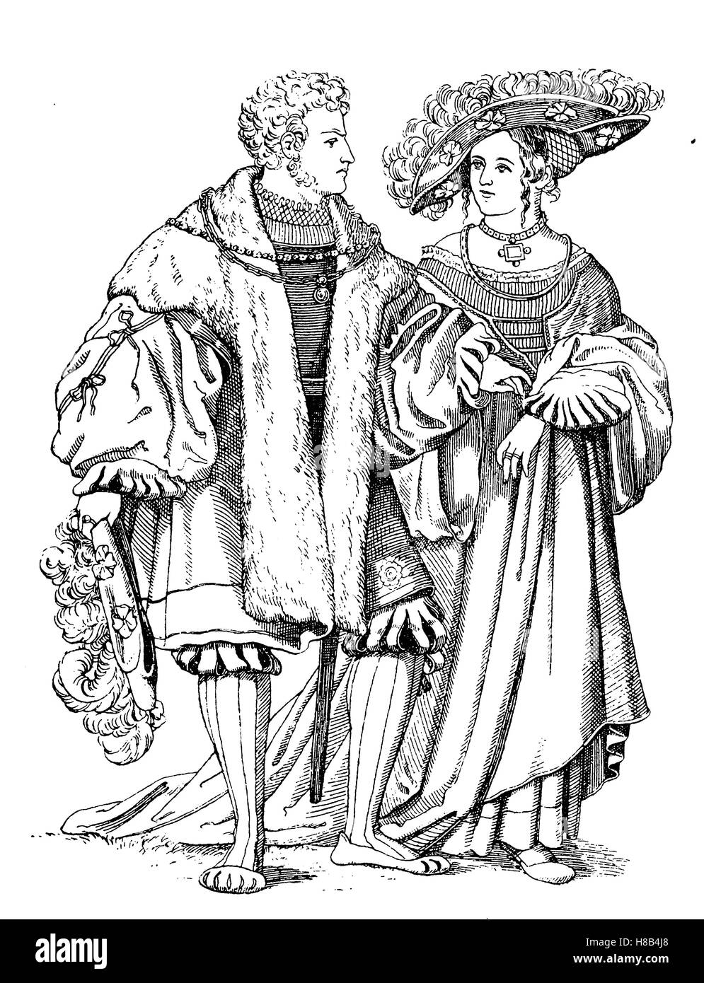 german costume von 1530, couple at a wedding celebration, History of fashion, costume story Stock Photo