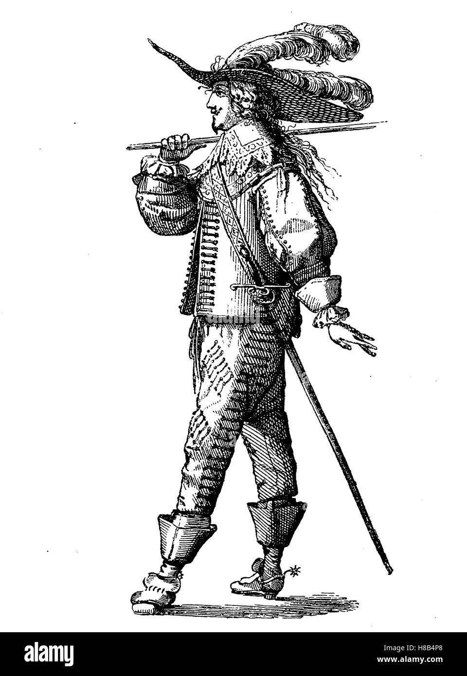 french officer in the year 1635, with long hair and a Henri-quatre, History of fashion, costume story Stock Photo