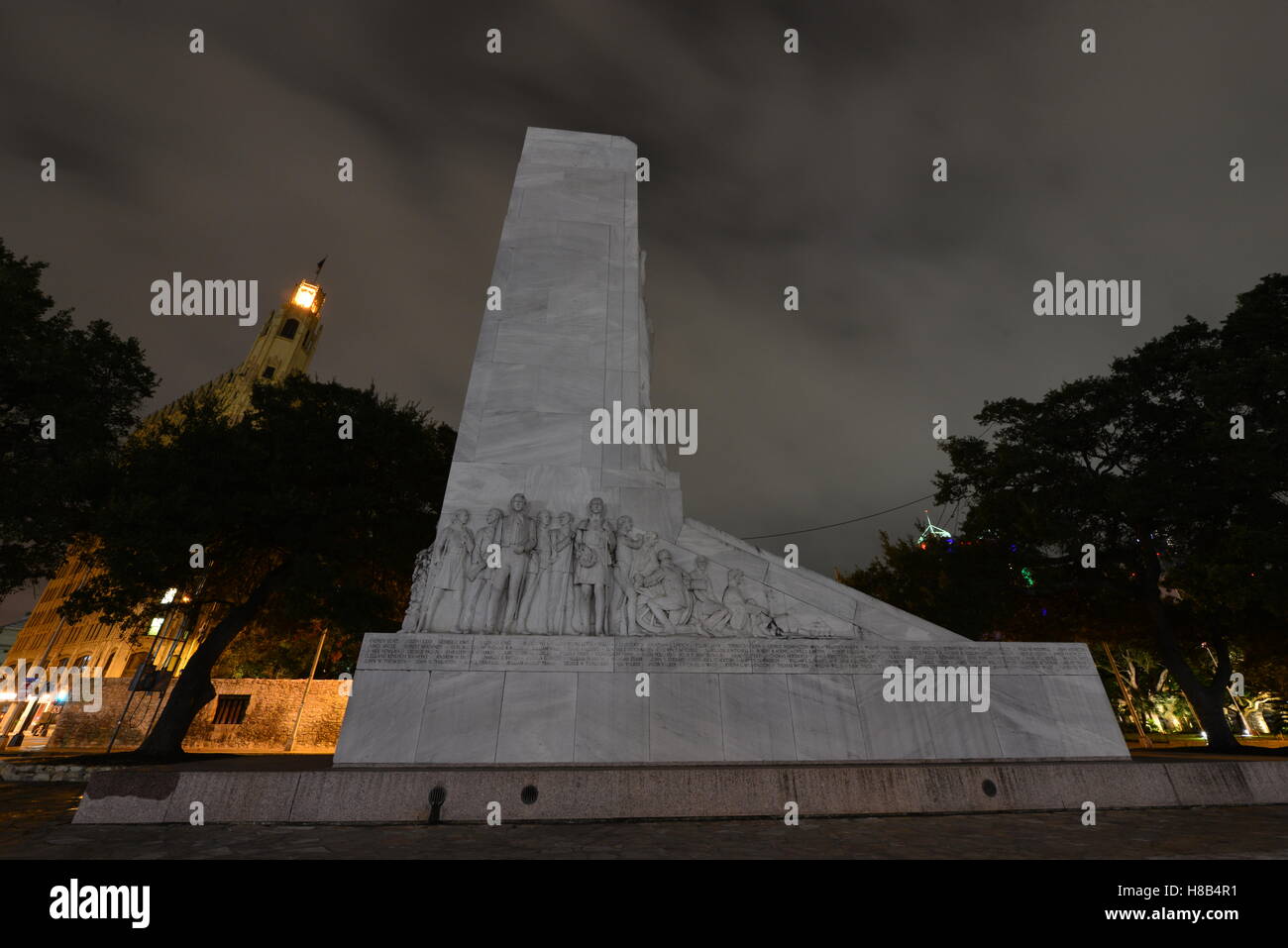 The Cenotaph at the Alamo in San Antonio in Texas. The picture is taken at about the same time as the battle, before daylight. Stock Photo