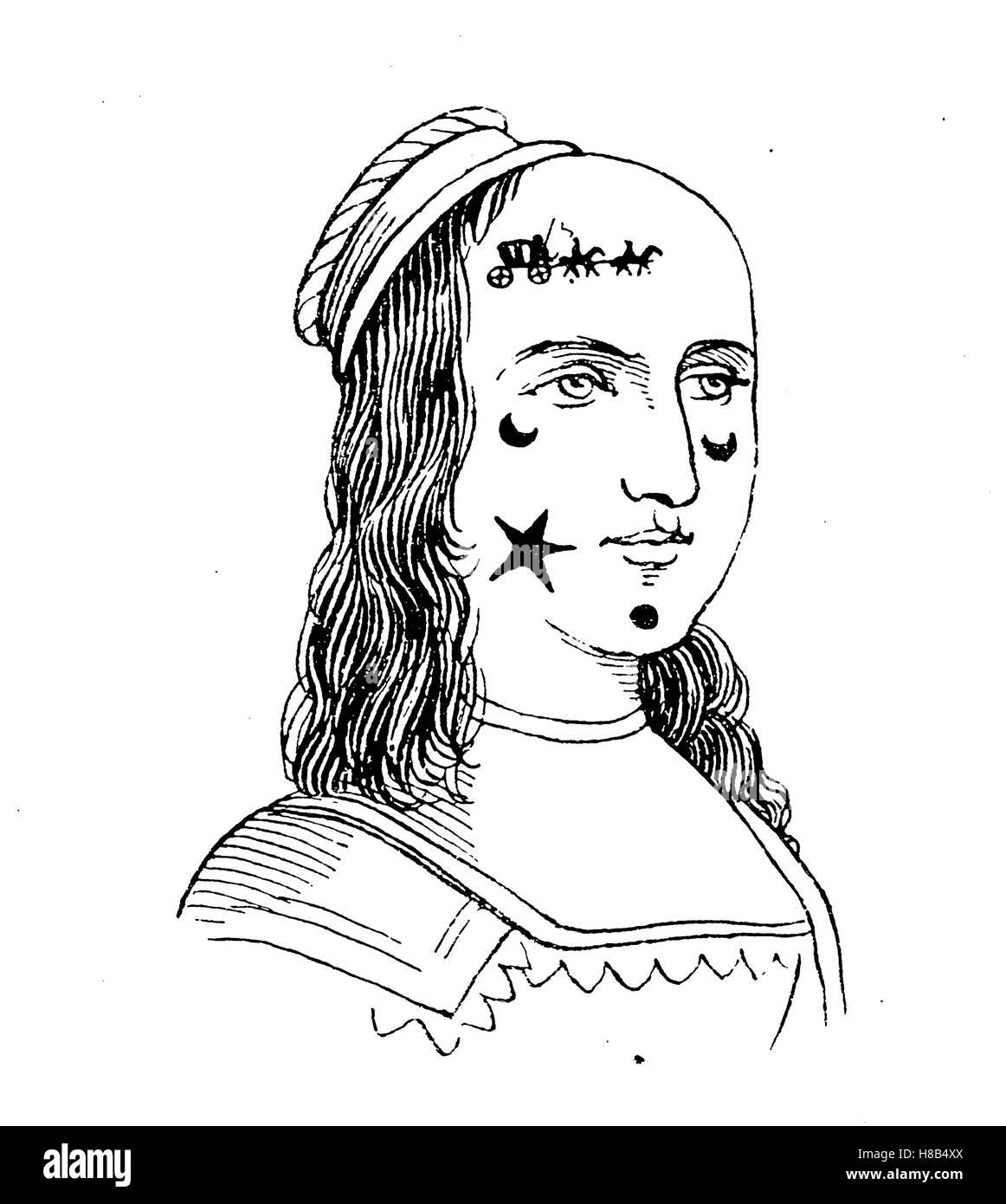 english lady with decorative Adhesive plasters, 1658, History of fashion, costume story Stock Photo