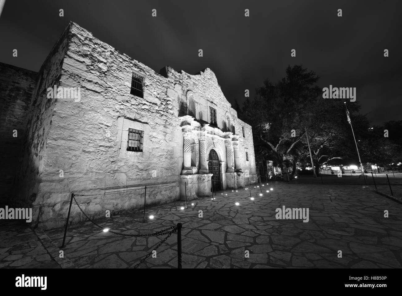 The Alamo at night at around the time the battle was fought very early in the morning just before daylight Stock Photo