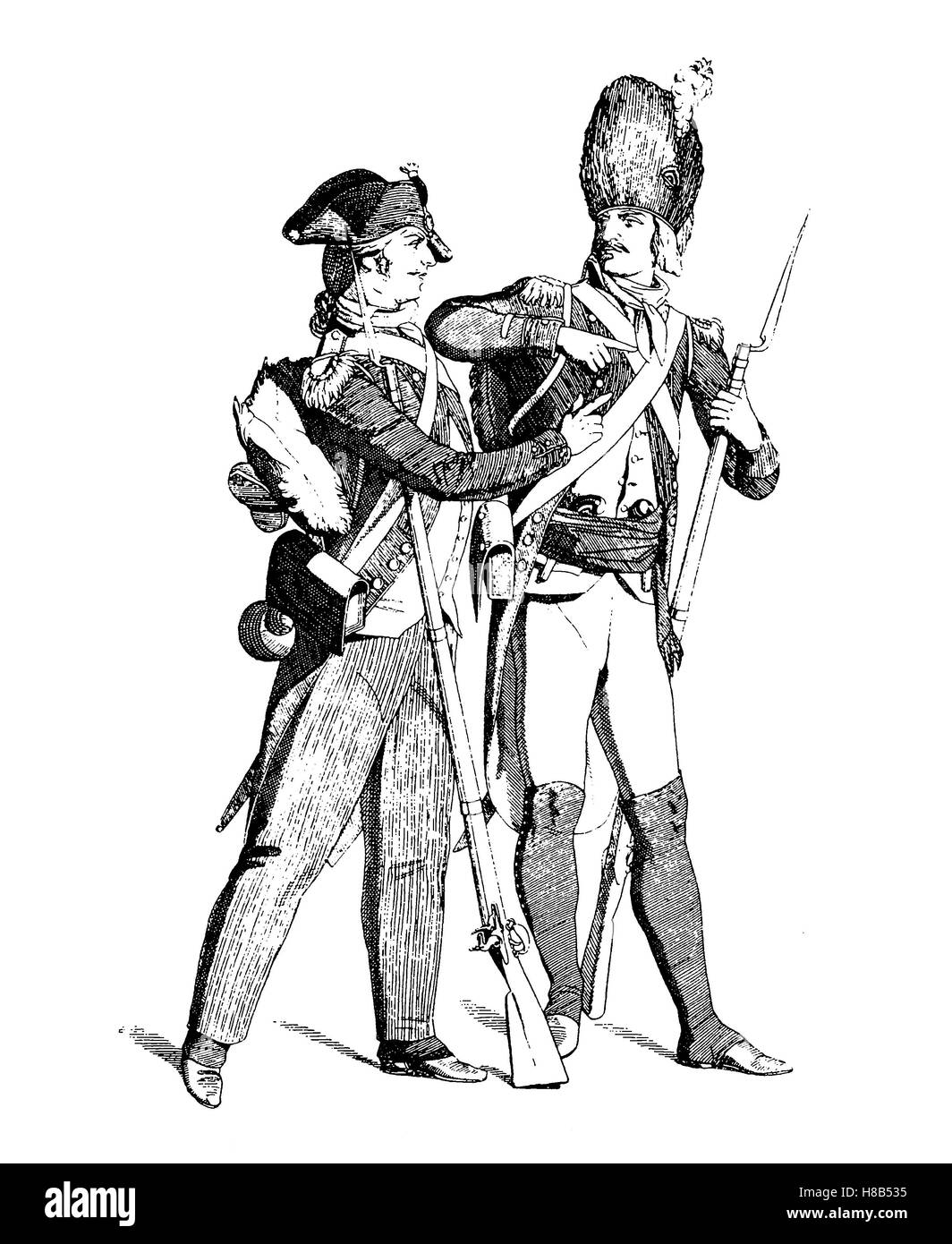 Soldiers of the french republik, 1792 - 1799, History of fashion, costume story Stock Photo