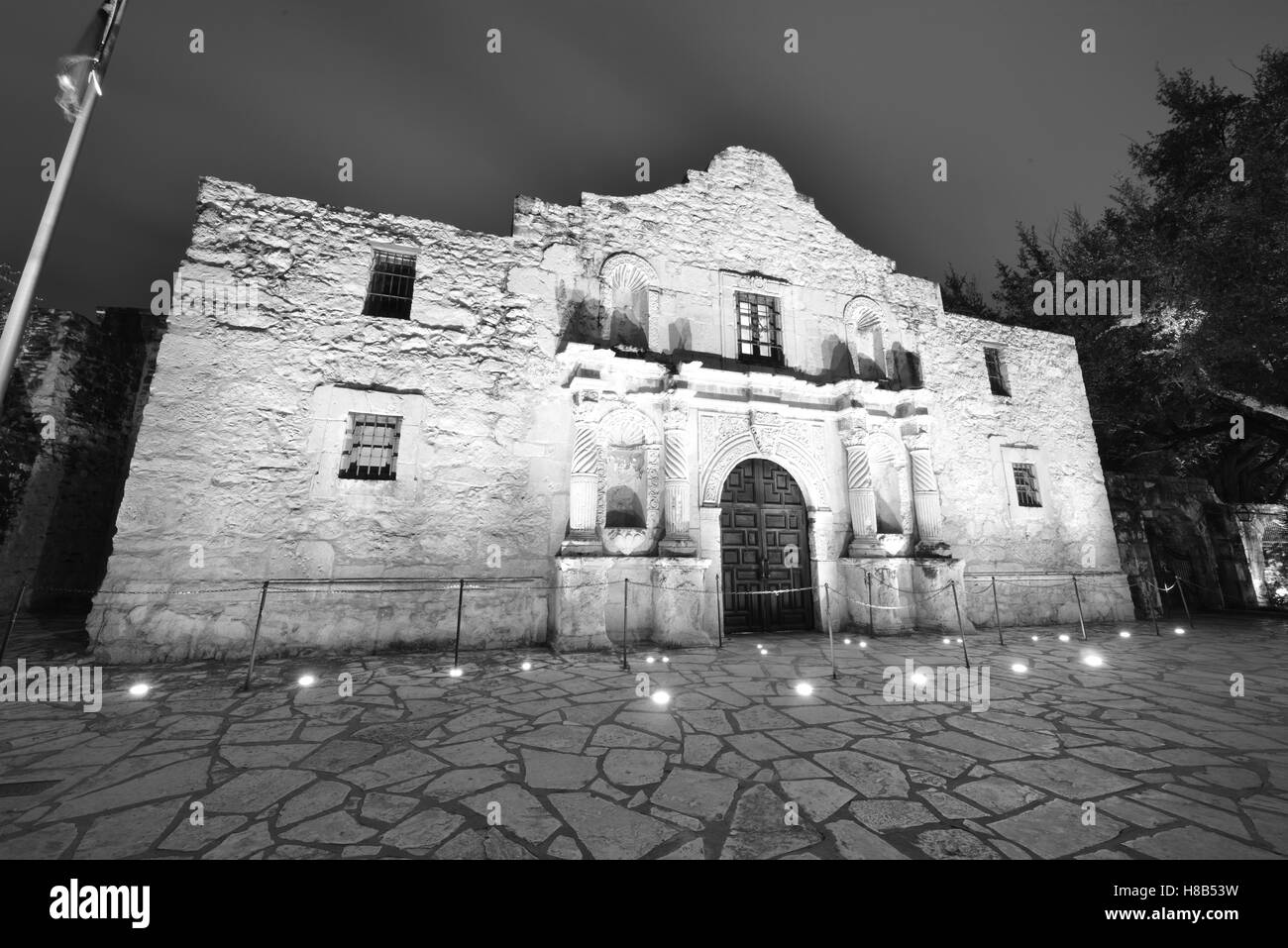 The Alamo at night at around the time the battle was fought very early in the morning just before daylight Stock Photo
