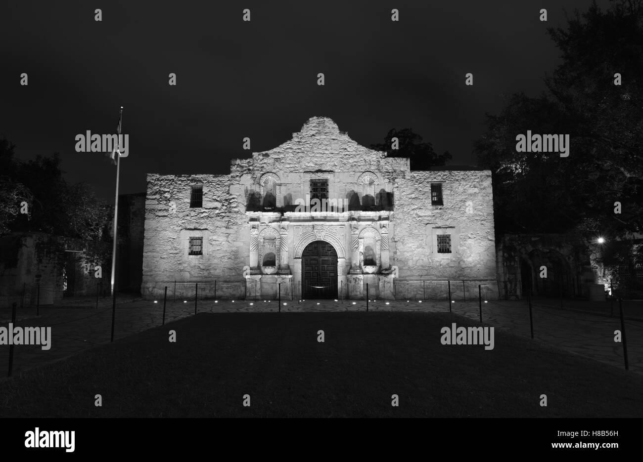 The Alamo at night at around the time the battle was fought very early in the morning just before daylight Stock Photo