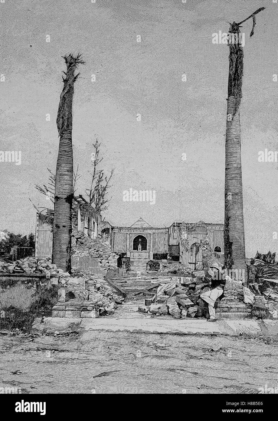 Damaged Martinique after a cyclone on the island, here the ruined Church of Morne-Ronge, Woodcut from 1892 Stock Photo