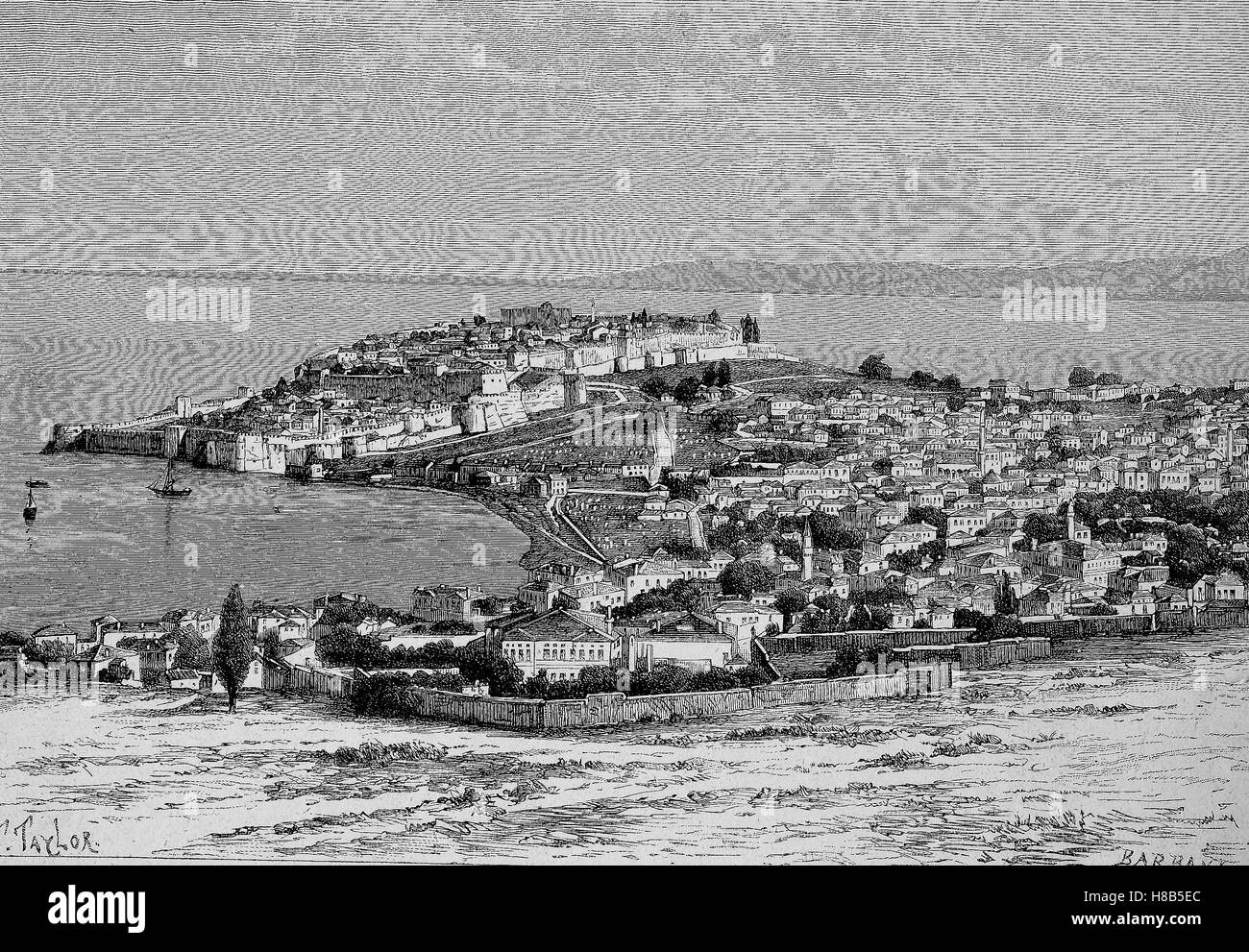view of Mytilene, island of Lesbos, Greece, Woodcut from 1892 Stock Photo