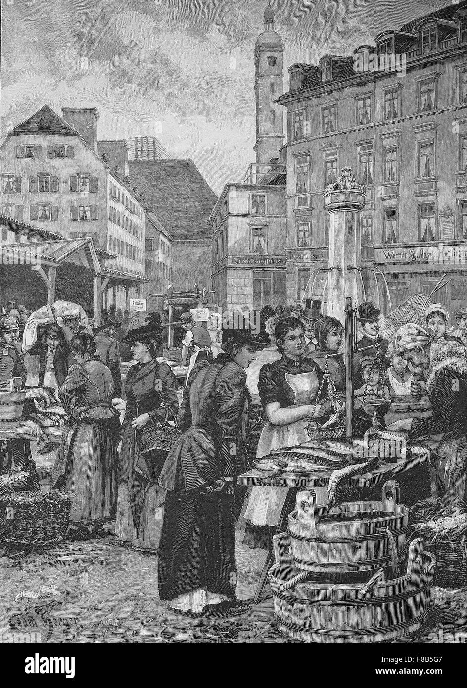 The fish market in Munich, Germany, Woodcut from 1892 Stock Photo