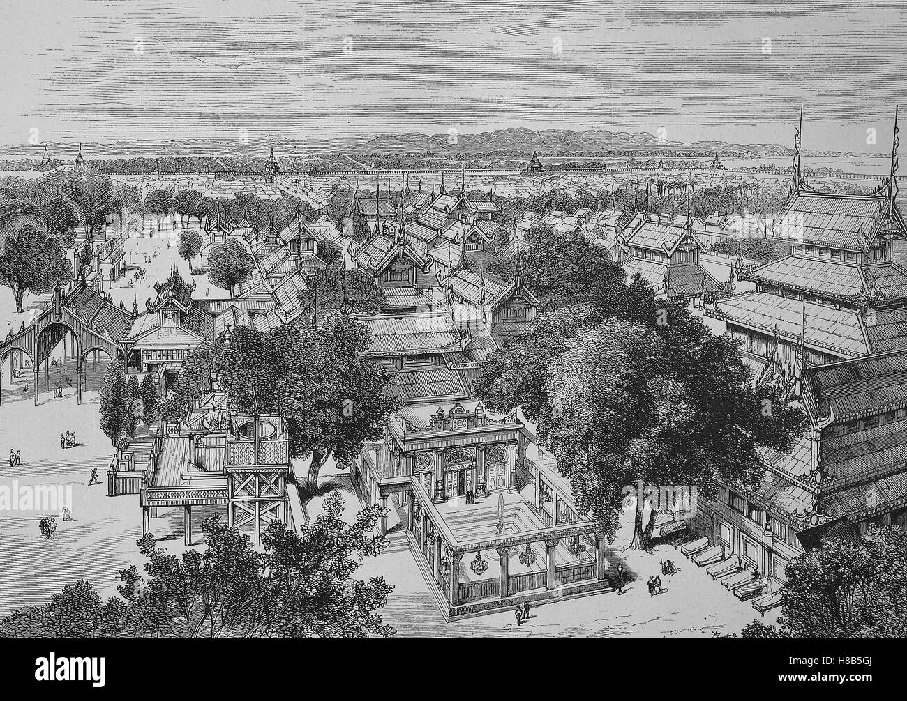 Mandalay in Burma, the eest part, seen from the watchtower of the palace, Woodcut from 1892 Stock Photo