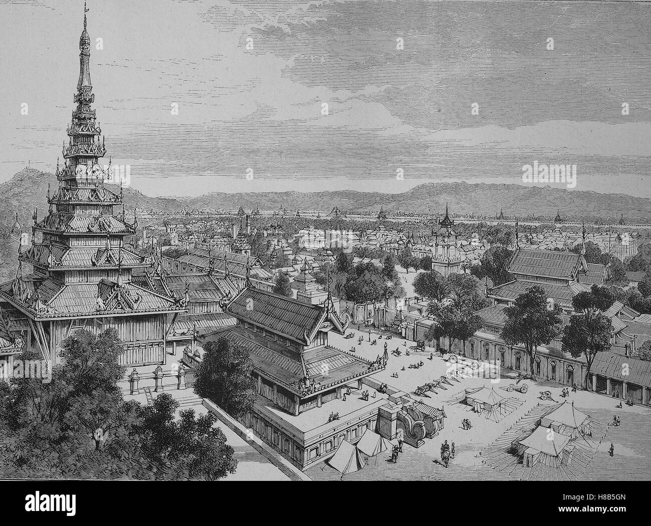 Mandalay in Burma, the east part, seen from the watchtower of the palace, Woodcut from 1892 Stock Photo