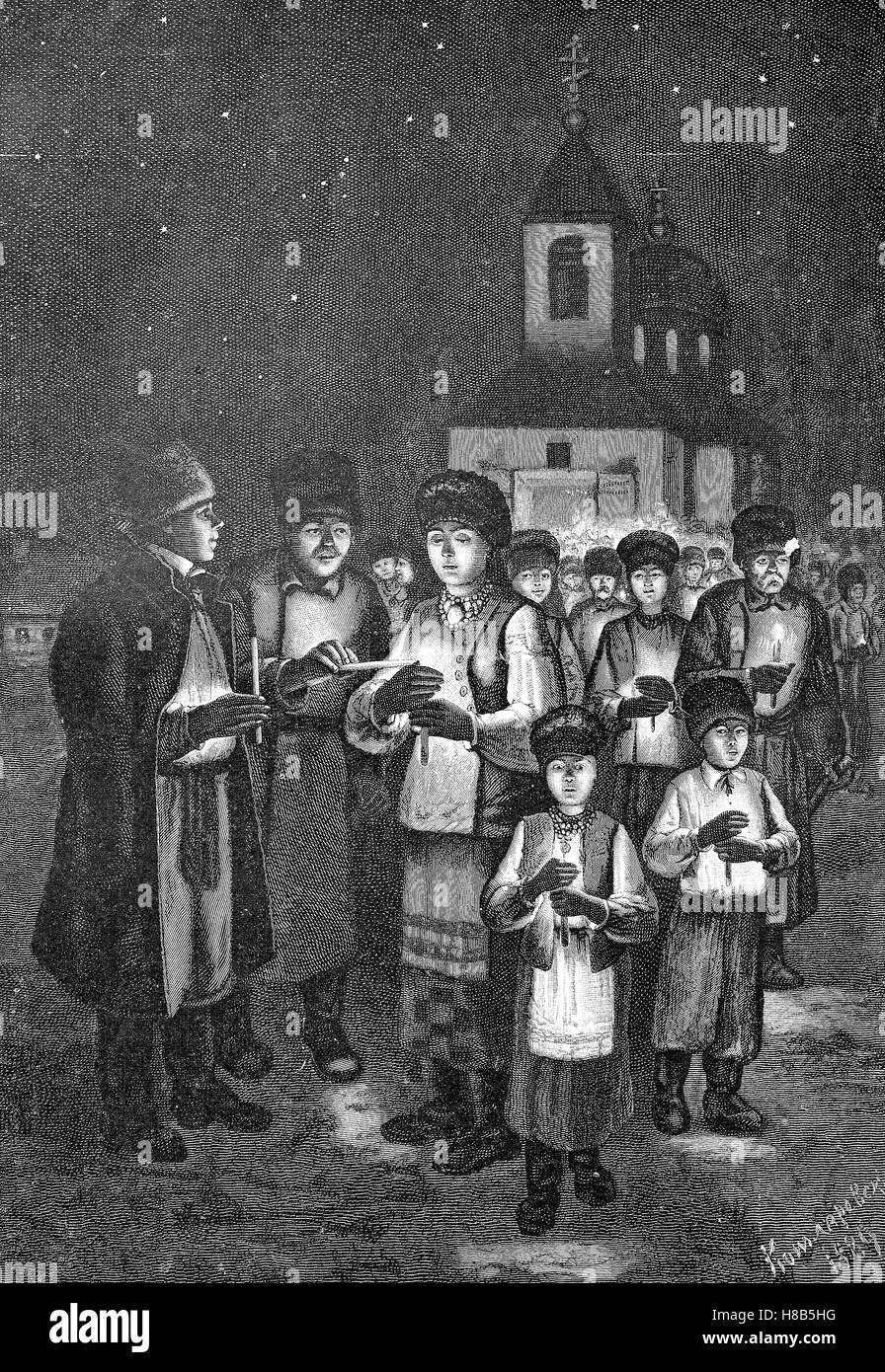 Celebration of Holy Thursday in Russia, Woodcut from 1892 Stock Photo