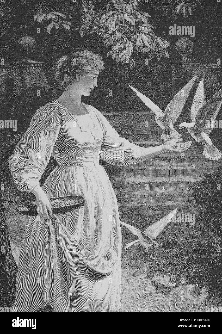 Morning walk of the young chatelaine, woman feeding pigeons, Woodcut from 1892 Stock Photo