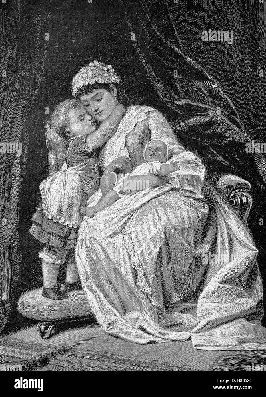 Mother with two children in armchair, Woodcut from 1892 Stock Photo