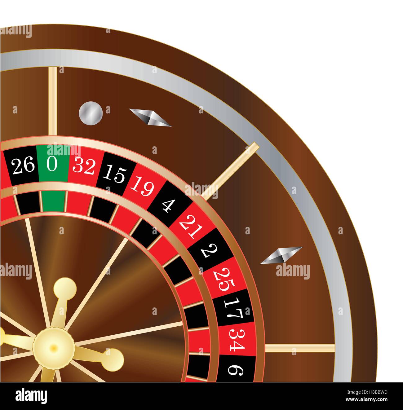 A typical roulette wheel with the silver ball in motion Stock Vector