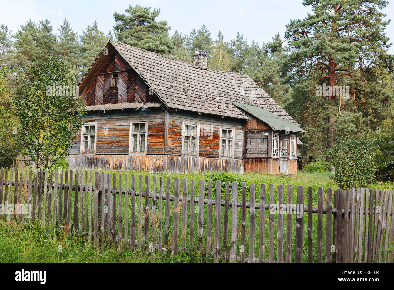 Wooden house in a forest Stock Photo - Alamy