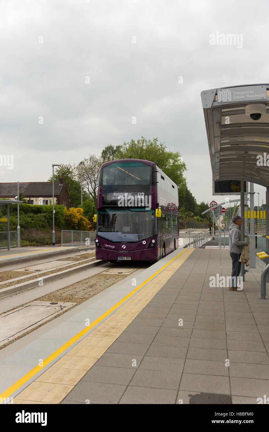 Vantage branded bus arriving at the Manchester to Leigh guided busway stop at Hough Lane, Tyldsely. Stock Photo