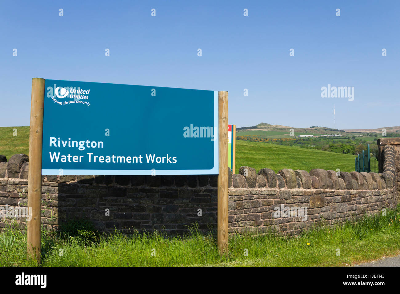 Sign at the entrance to Rivington water treatment works, at the southern end of lower Rivington reservoir, Horwich, Lancashire. Stock Photo