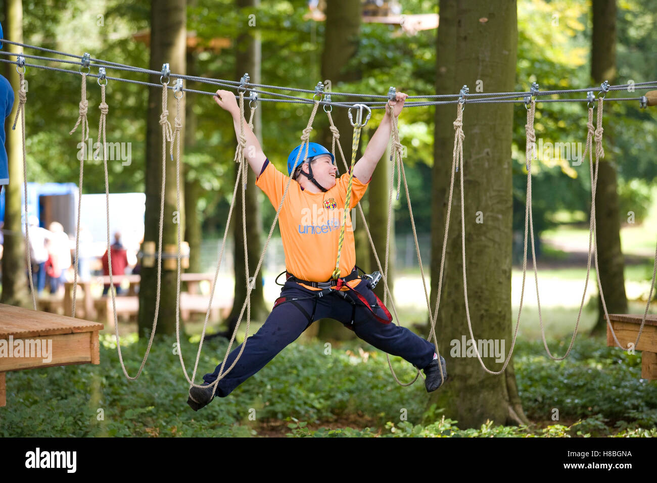 Europe, Germany, North Rhine-Westphalia, Wetter at the river Ruhr, high ropes course. Stock Photo