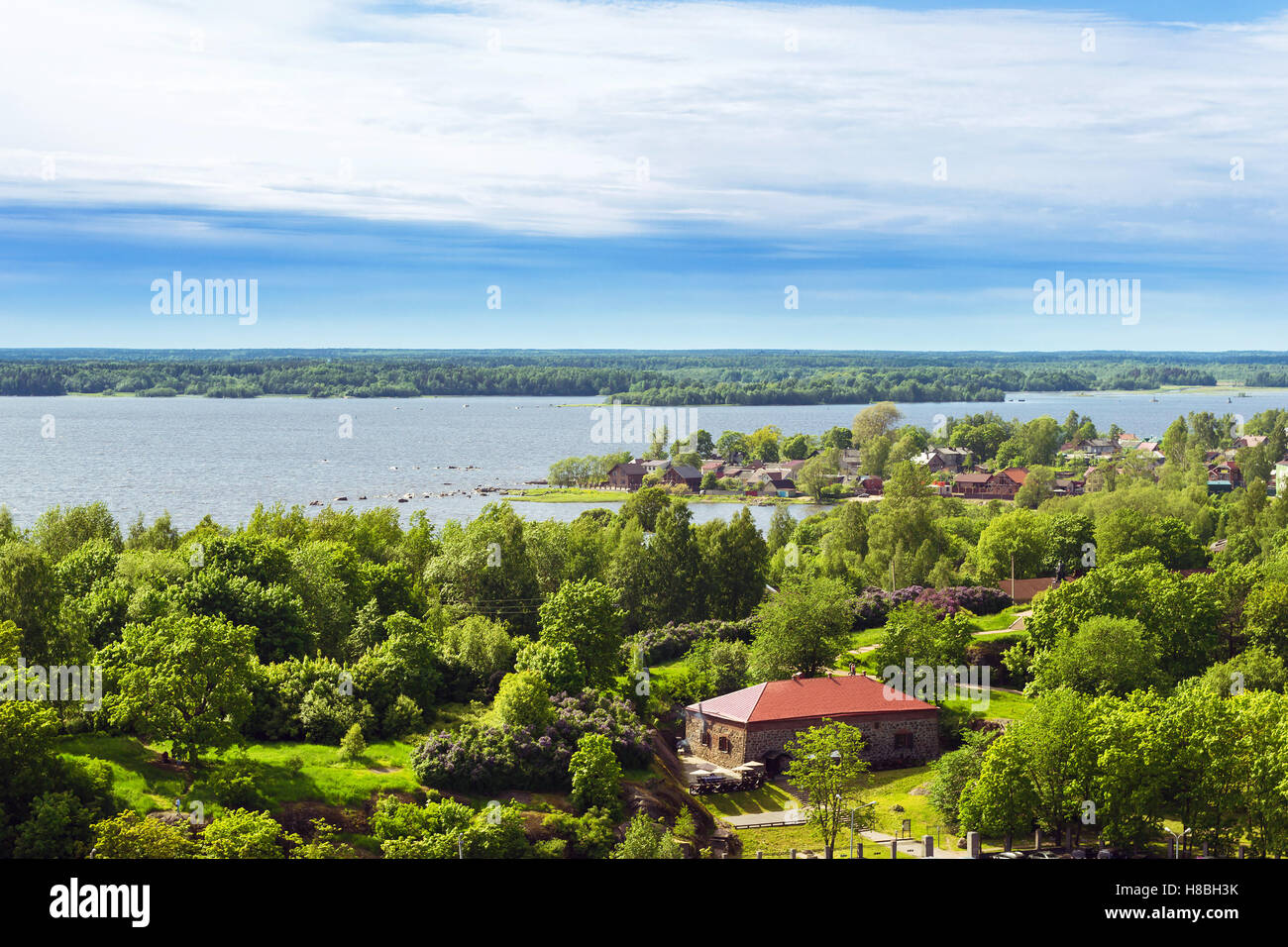 Vyborg, city views, horizons and Bay from height of Vyborg fortress, Leningrad region, Saint-Petersburg, Russia. Summer day Stock Photo